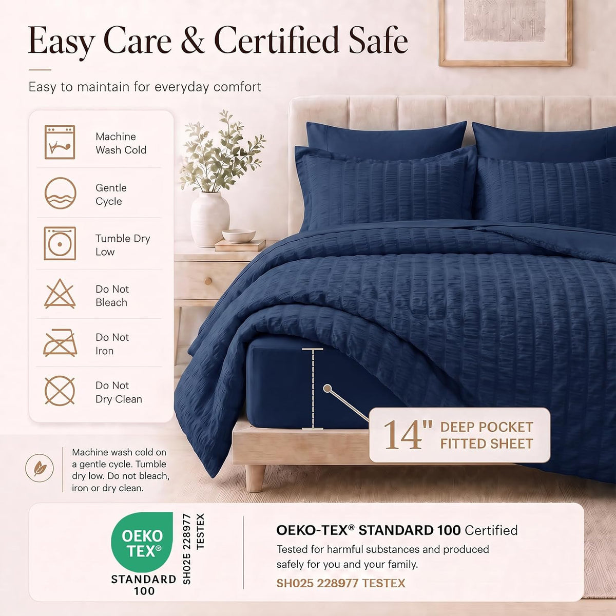 Twin XL Comforter Set, 5 Pieces Navy Blue Seersucker Bed in a Bag