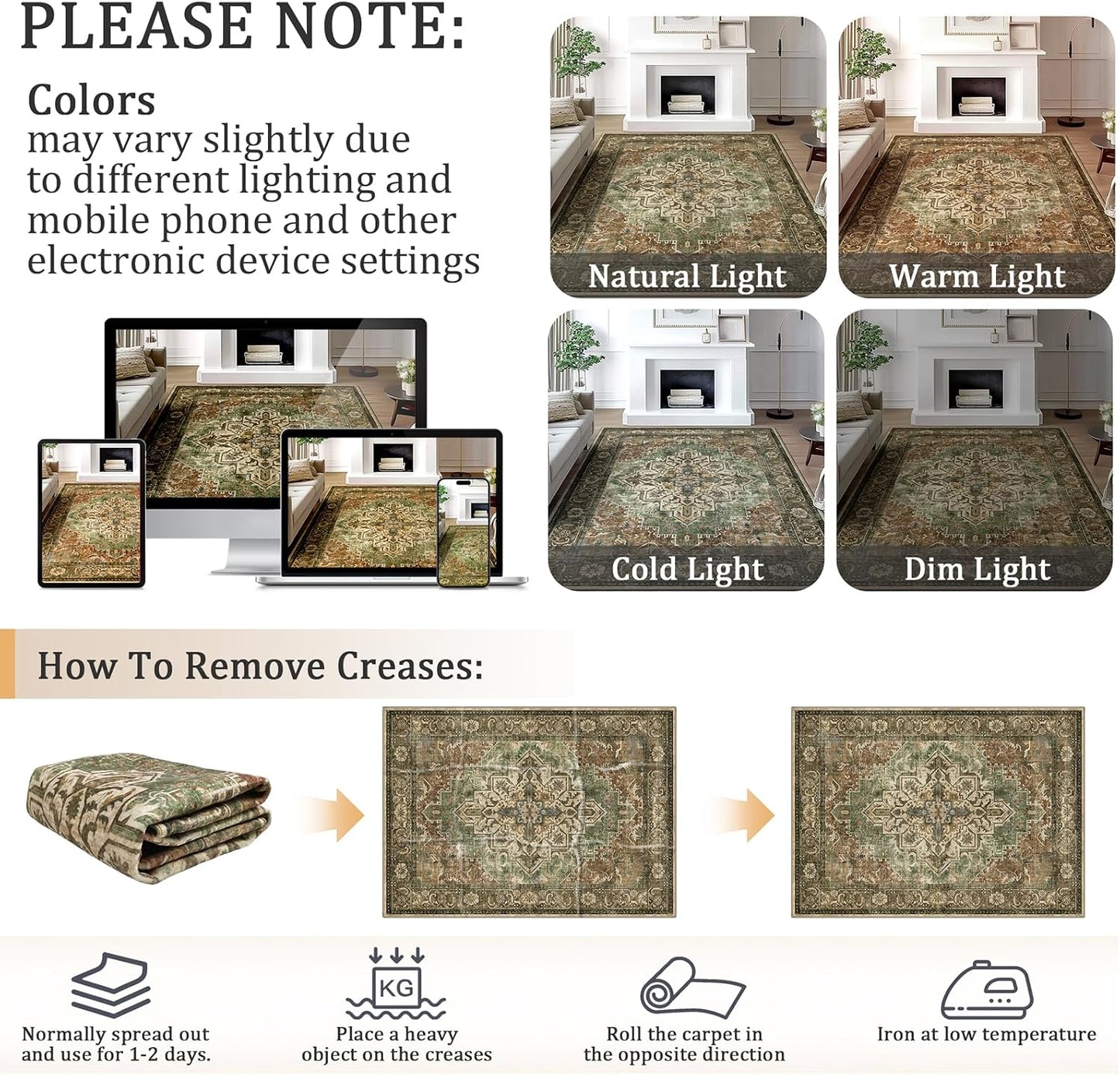Green Vintage Floral Washable 5X7 Area Rug Non-Slip