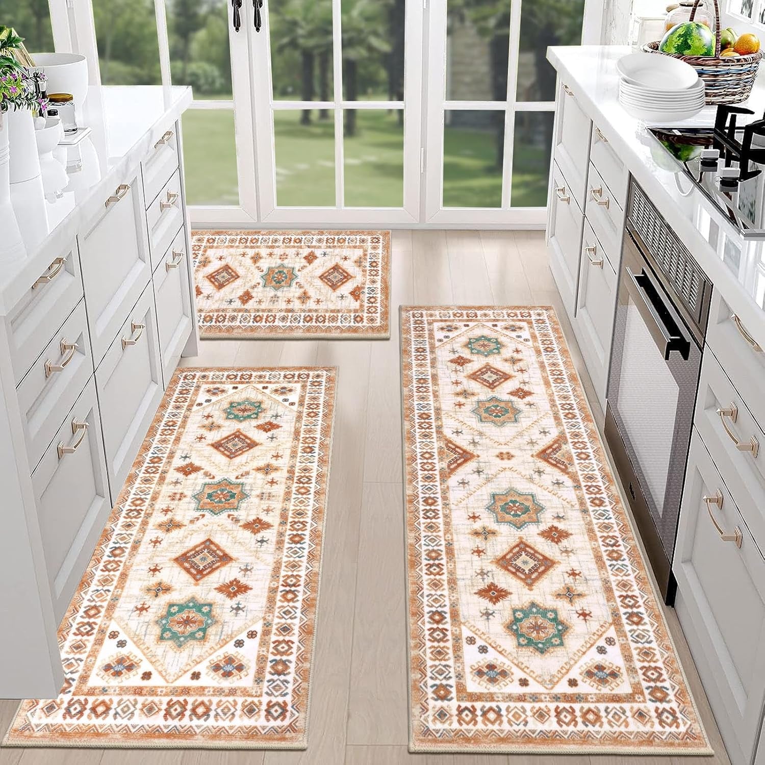 HEBE Boho Kitchen Rug Sets, 3 Piece with Runner, Non-Slip 