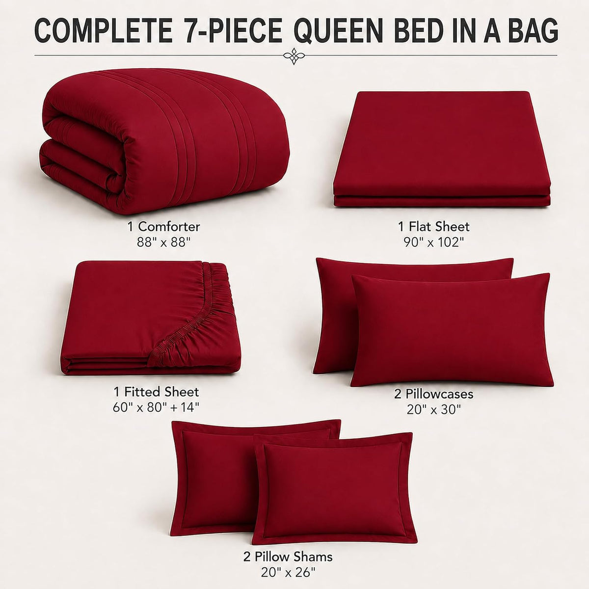 Queen Comforter Set with Sheets, 7 Pieces Bed in a Bag Queen Red