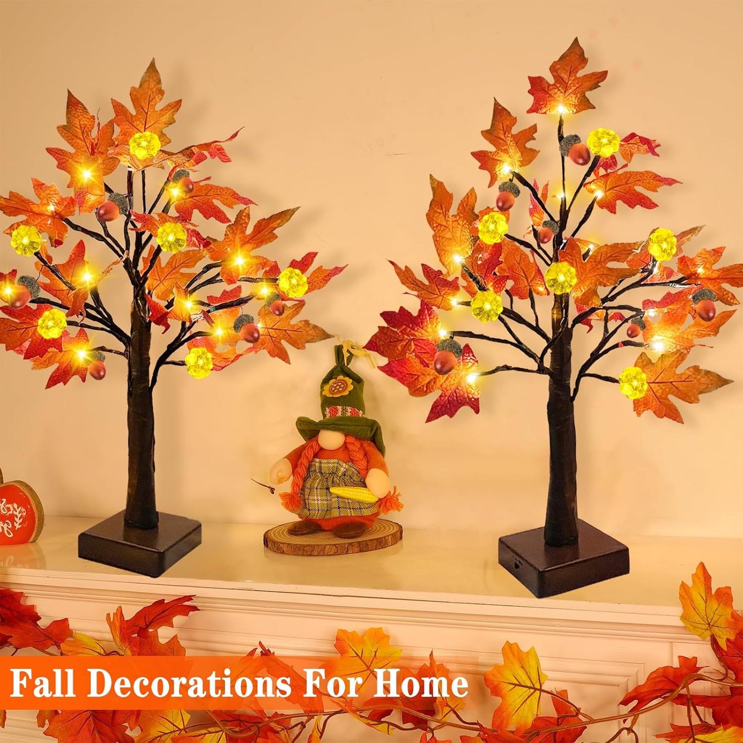 2 Pack 24 Inch Prelit Fall Maple Tree 48Leds Timer Acorn Pumpkin Lights, Battery Operated\