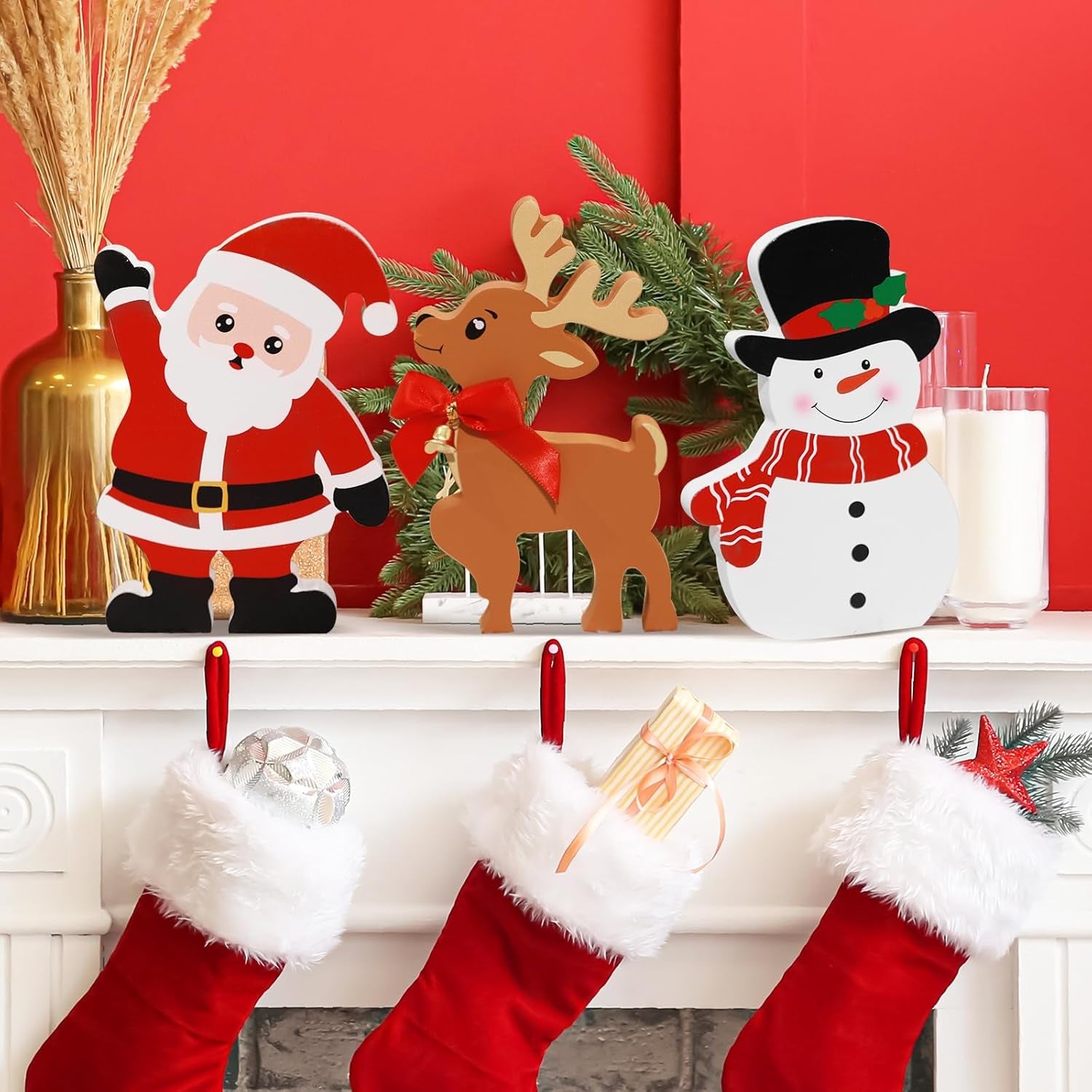 Snowman Christmas Decorations Indoor, Set of 3, Wooden (Santa Claus Reindeer)