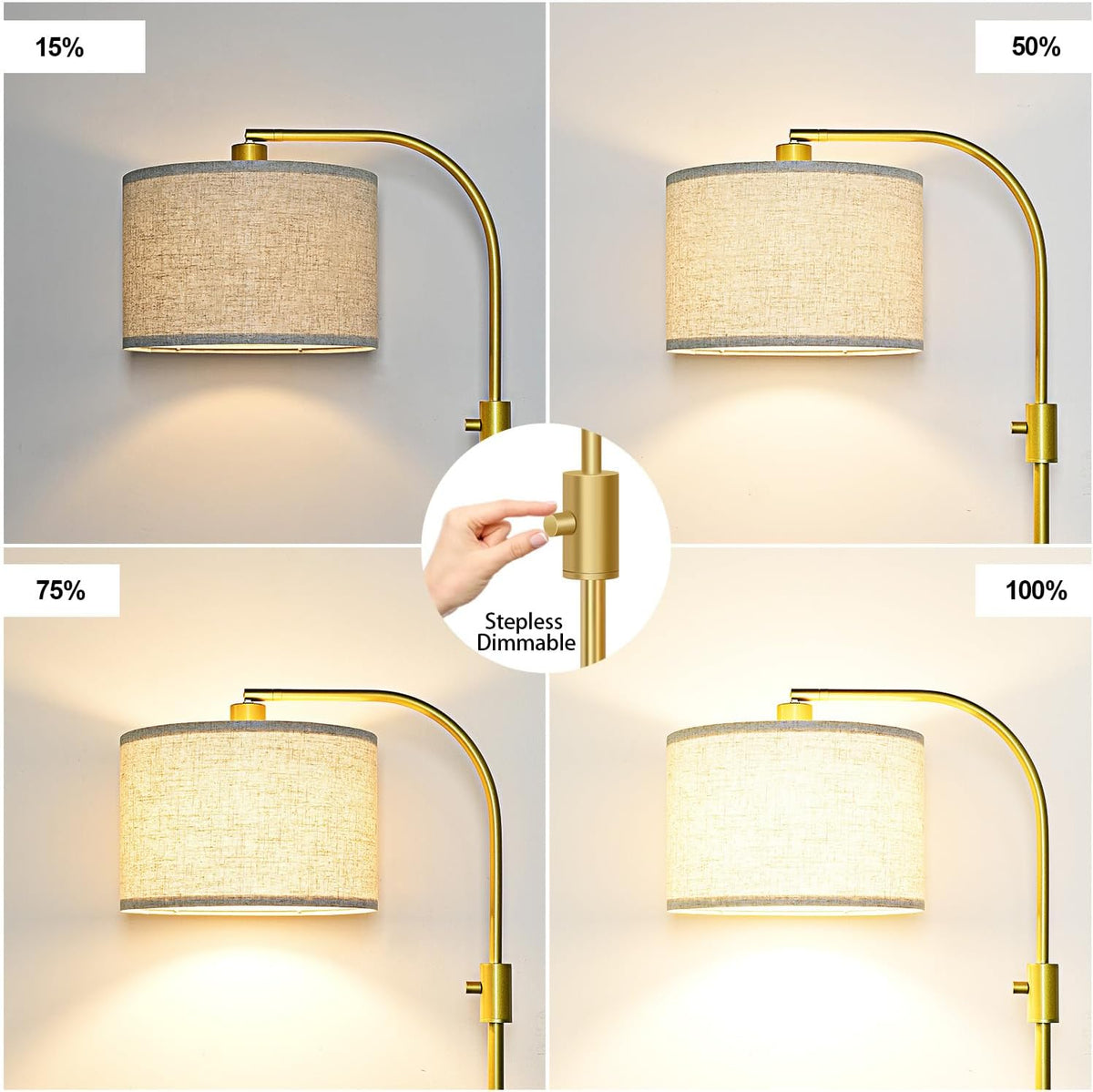Upgraded Modern Arc Dimmable Tall Standing Floor Lamp with Linen Shade, 1200 Lumens LED Bulb Included, Gold