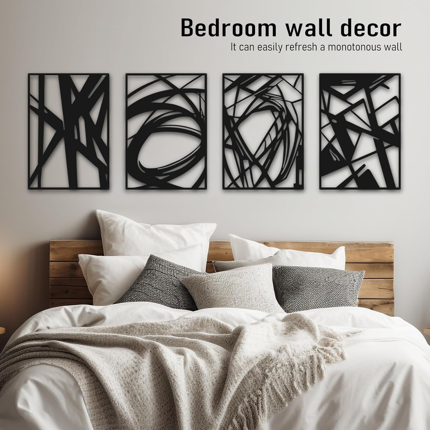 Black Abstract Wall Art, Metal Art Wall Decor, Modern Large Wall Art, 3D Abstract Wall Sculptures (4 Pack, 16 X 11 In)