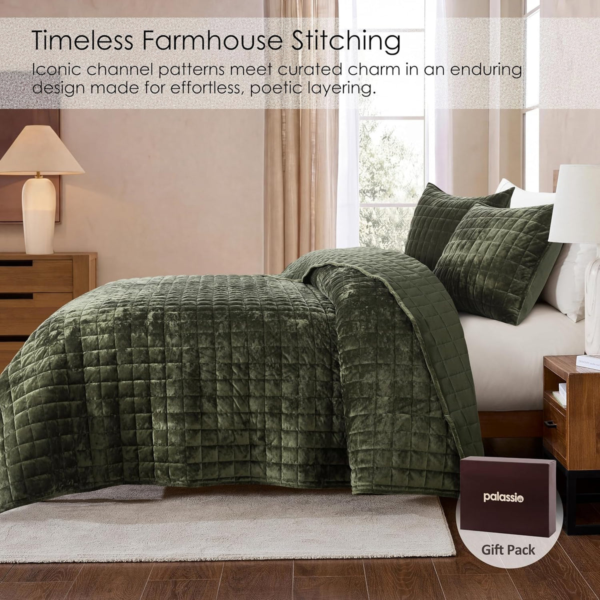 Channel Box Stitch Velvet Quilt Bedding Set, Queen, Olive Green