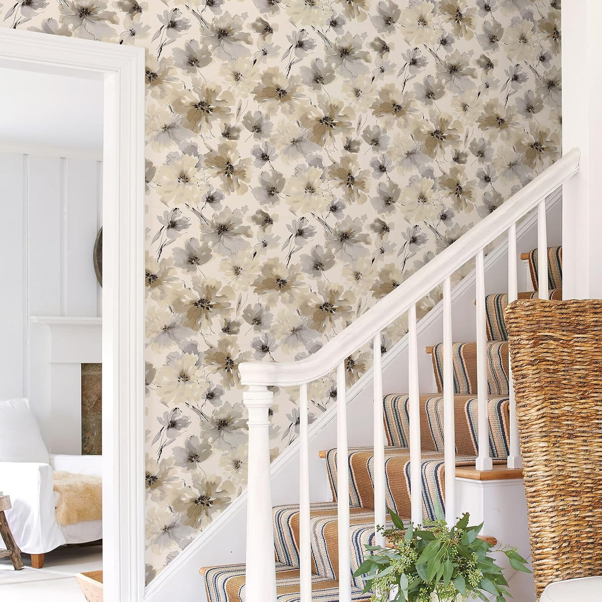Beige Flower Watercolor Flower Peel and Stick Wallpaper, Honey Wheat Yellow, 17.3X393.7 Inch