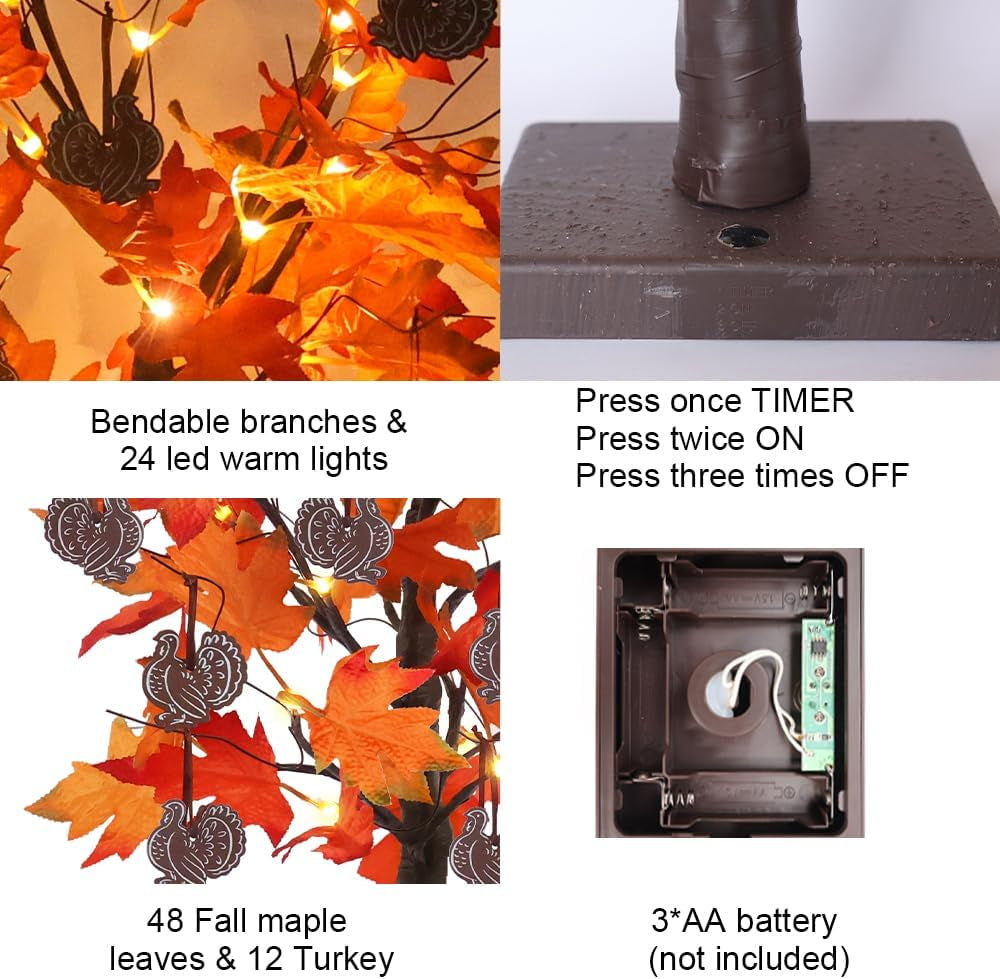 Fall Decorations for Home, 24IN 24LT Lighted Fall Maple Leaves , 2FT Brown Battery Powered