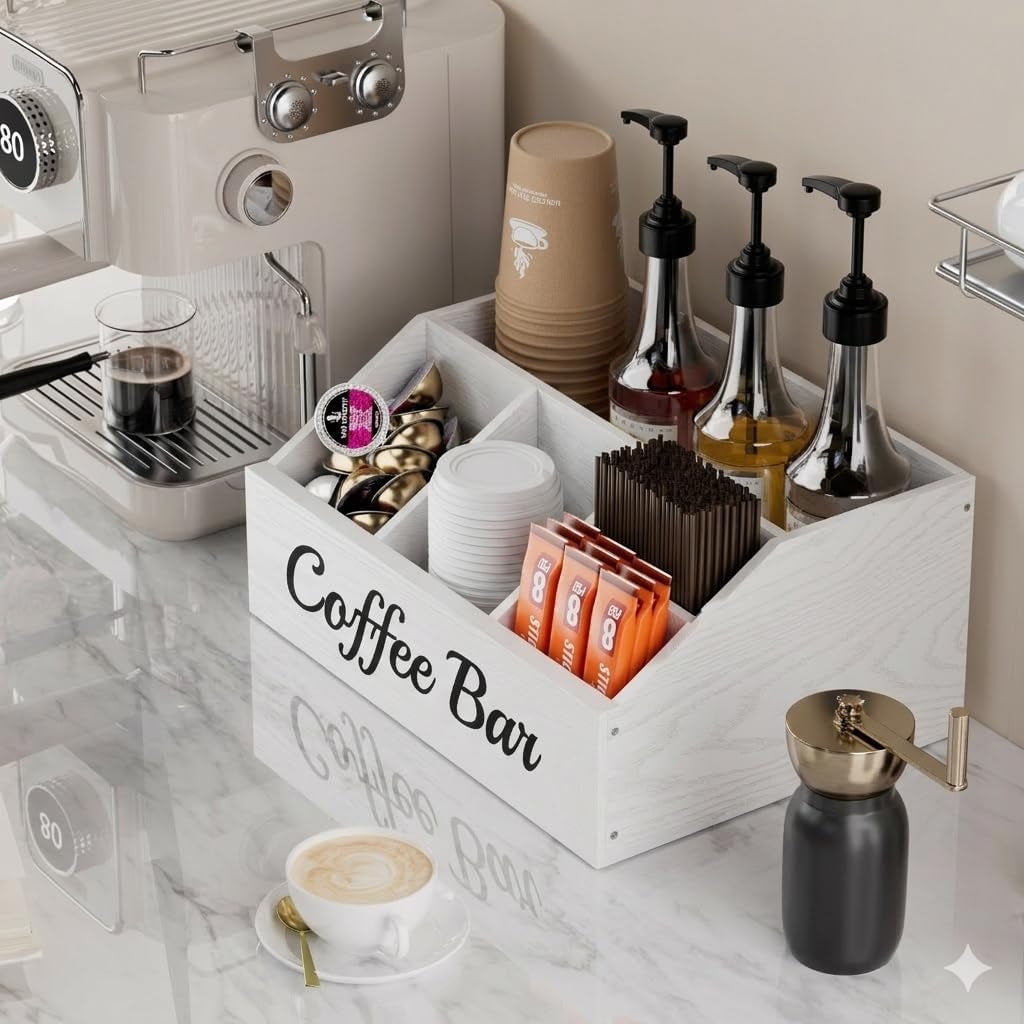 Coffee Station Organizer for Countertop – Wooden Coffee Bar Organizer with Adjustable Dividers for Kitchen, White