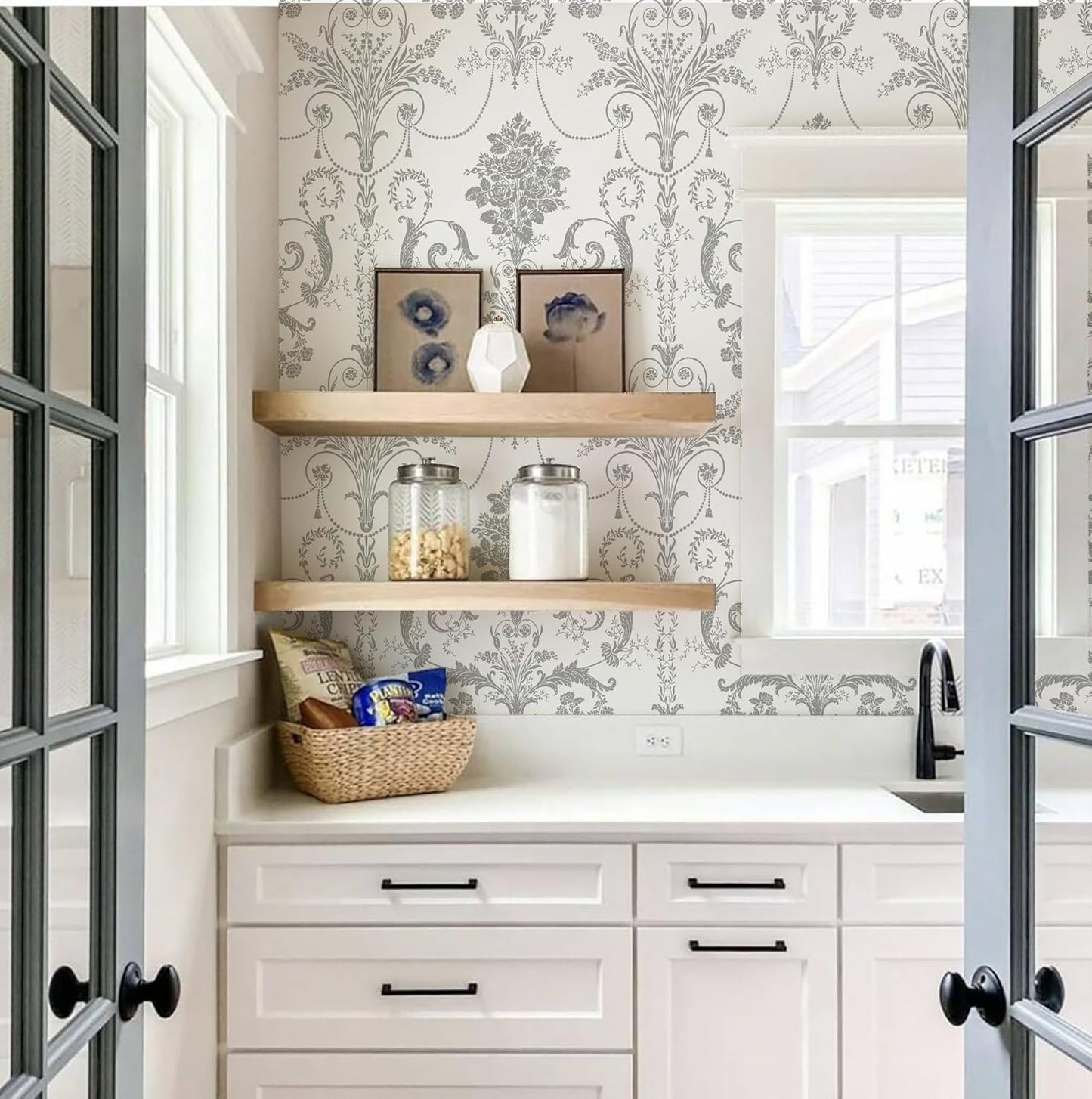Silver Gray Damascus Wallpaper Floral Damask Peel and Stick Wallpaper Boho Grey Flower Contact Paper Removable 17.3" X 197"