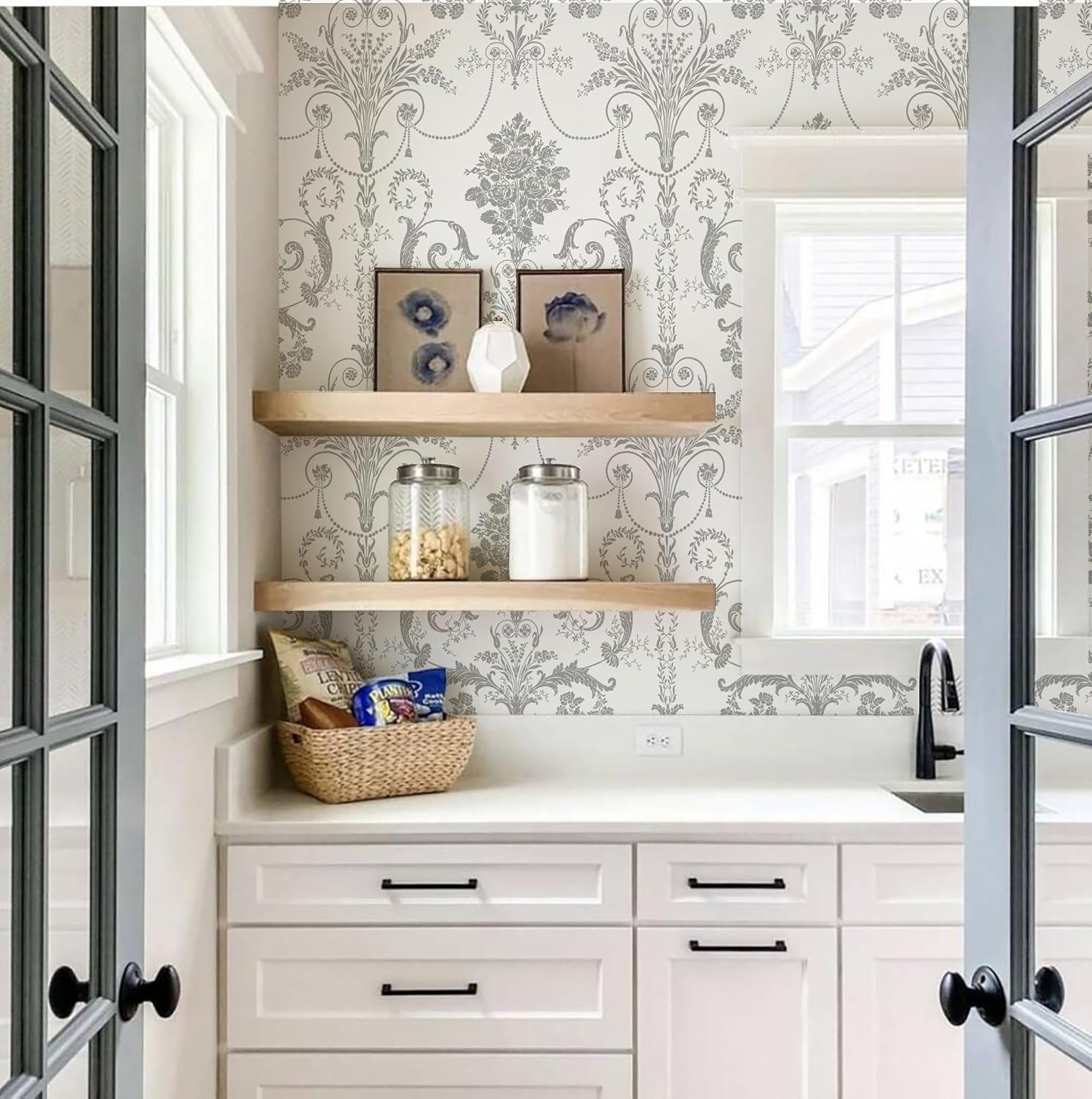 Silver Gray Damascus Wallpaper Floral Damask Peel and Stick Wallpaper Boho Grey Flower Contact Paper Removable 17.3" X 197"