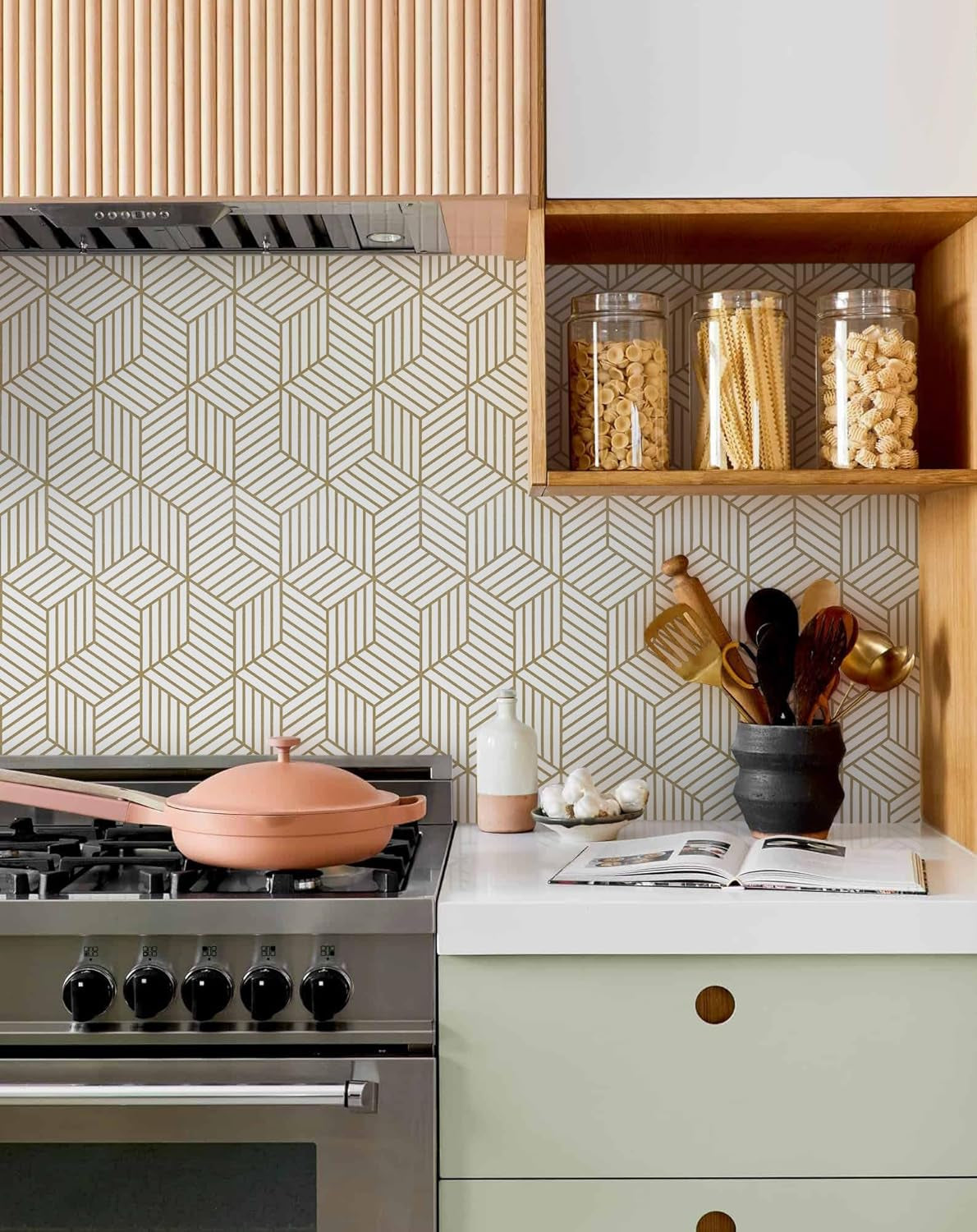 Gold and White Geometric Wallpaper Peel and Stick Hexagon 