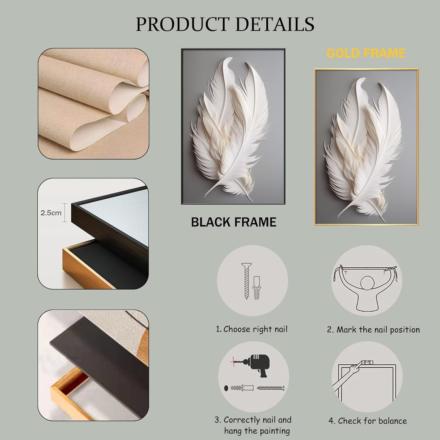 White Feather Canvas Wall Art (Black Framed, 15"X24"|40X60Cm)