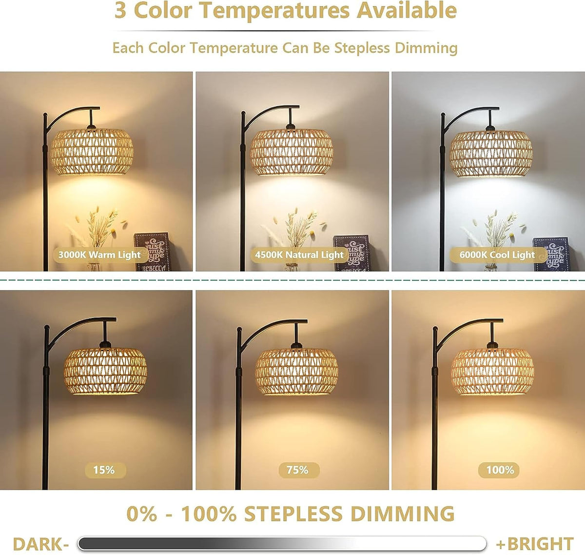 Arc Floor Lamps with Remote Control, Dimmable LED, Black Standing Lamp with 3 Color Temperature 