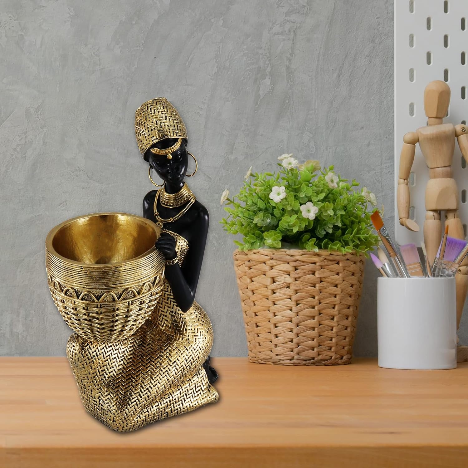 African Statues and Sculptures for Home Decor, Tribal Art Figurines for Living Room Decorations, Gold Vintage Aesthetic Ornament for Bookshelf and Tables, Housewarming Gifts for Women