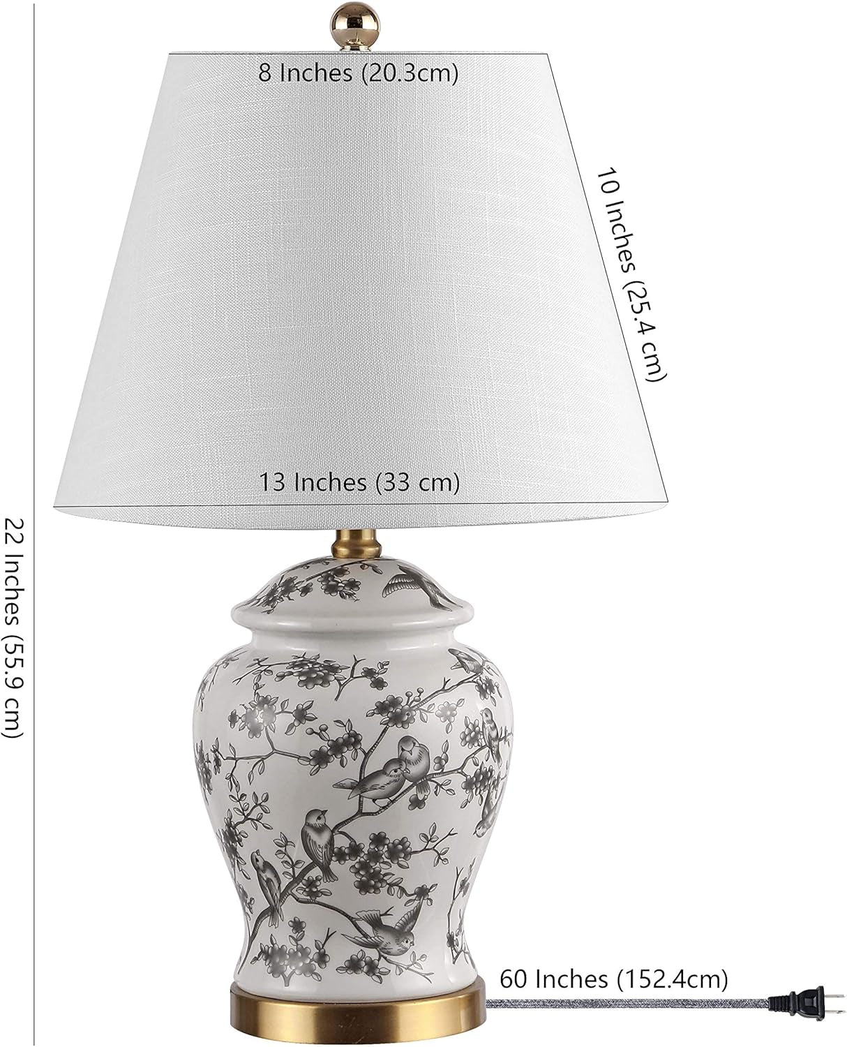 Penelope Ginger Jar 22" LED Table Lamp, Gray/White, Ceramic Metal Construction, Linen Empire Shade, Brass Gold, LED Bulb Included