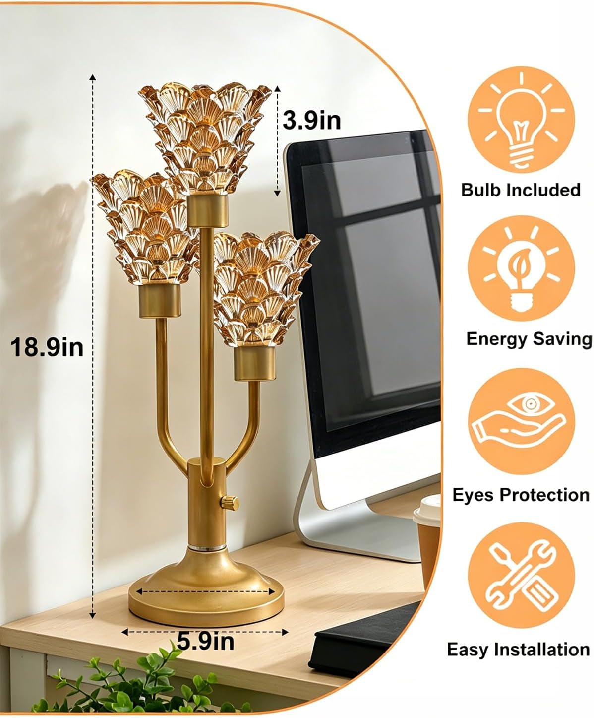  Modern Gold Glass Table Lamp Dimmable 3 Bulbs Included, Nightstand Lamp Vintage, with Amber Glass Warm white 