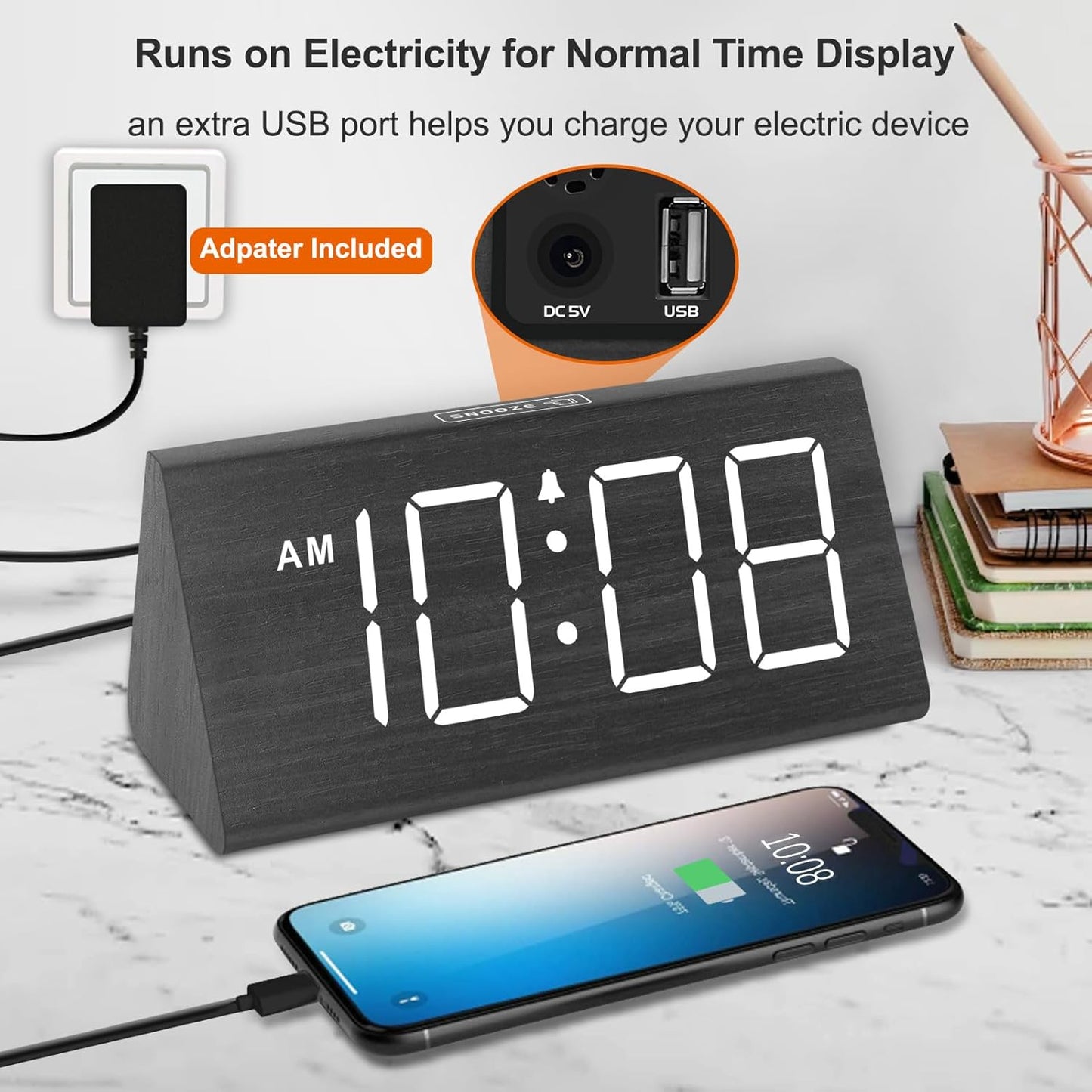 Wooden Digital Alarm Clocks for Bedrooms - Electric Desk Clock with Large Numbers, USB Port, Loud Alarm for Heavy Sleepers