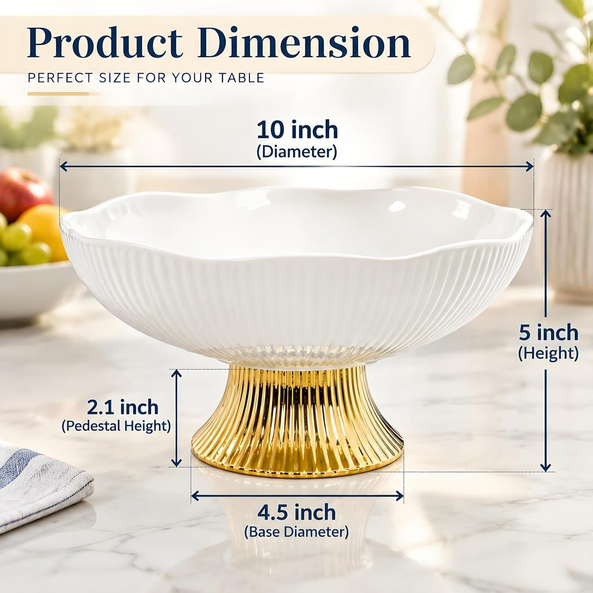 Ceramic Fruit Bowl with Golden Feet, 10 Inch