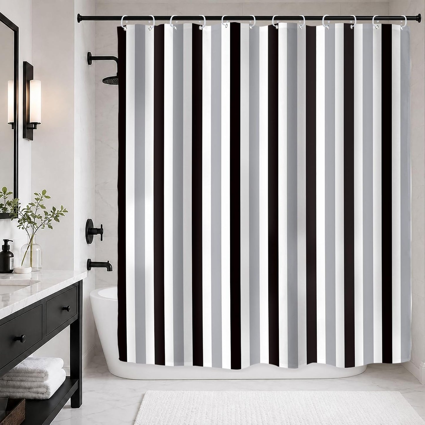 Gray Vertical Striped Black Bathroom Shower Curtain Set