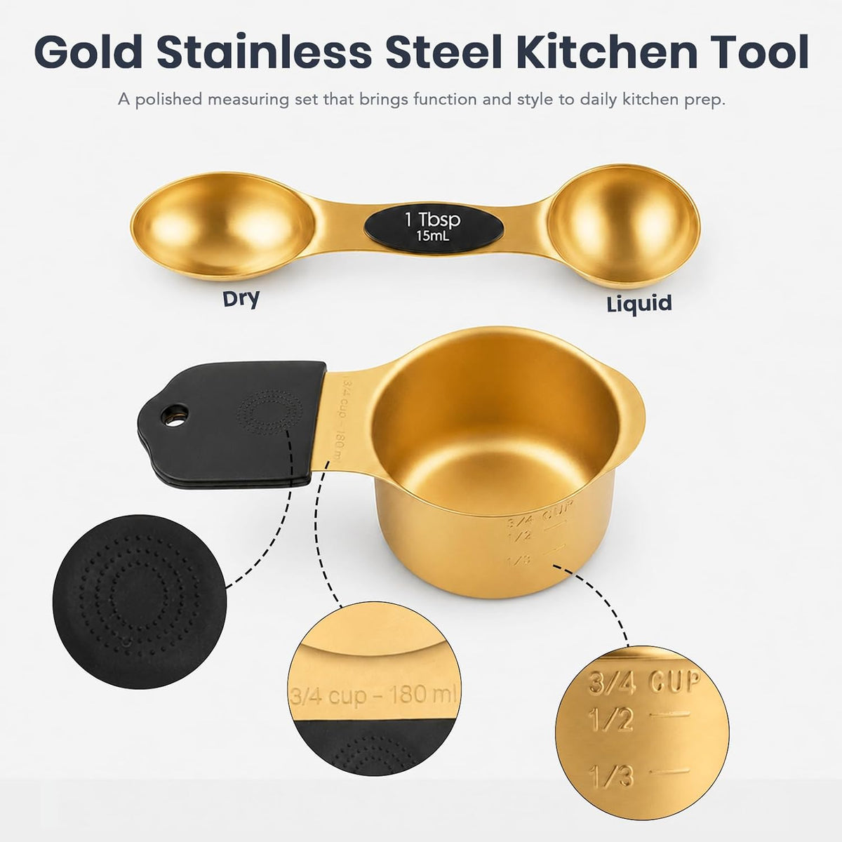 15-Piece Gold Magnetic Measuring Cups and Spoons with Leveler, Dual Scale