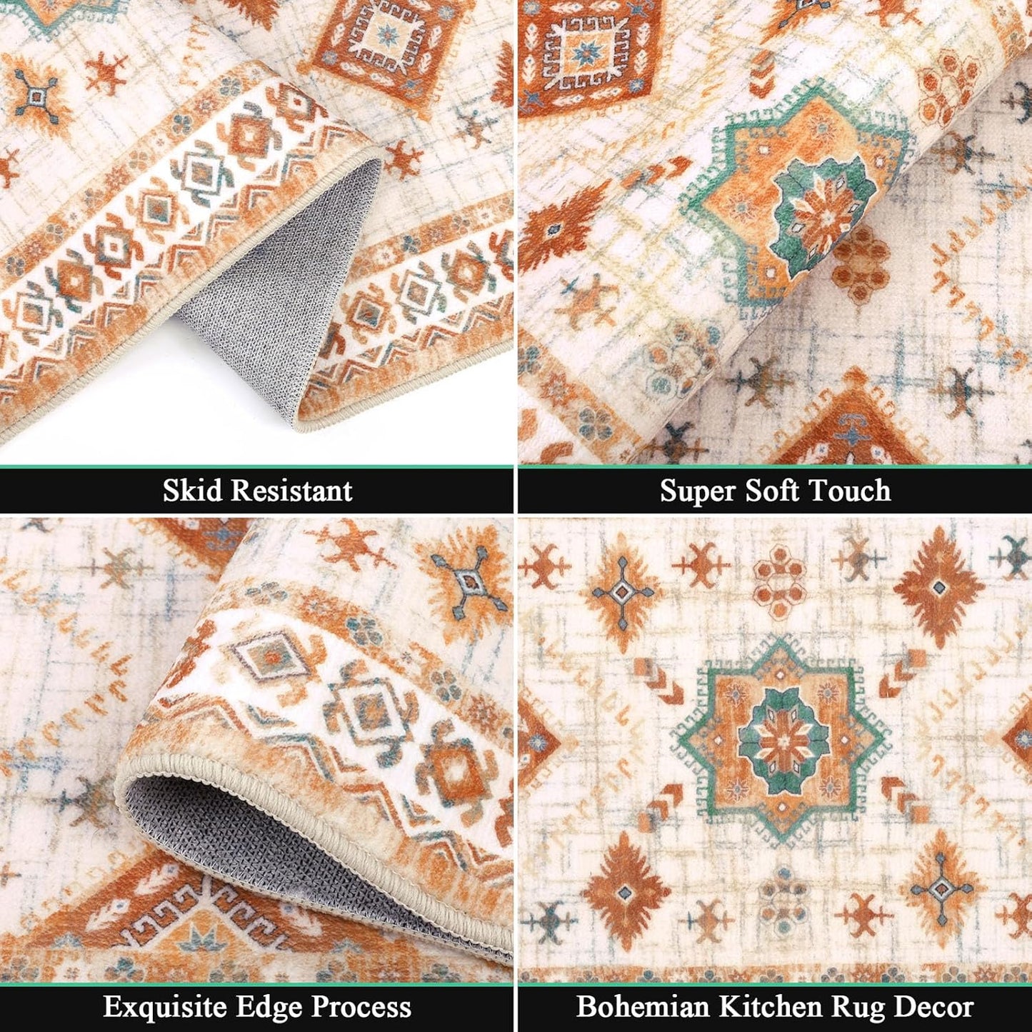 HEBE Boho Kitchen Rug Sets, 3 Piece with Runner, Non-Slip 