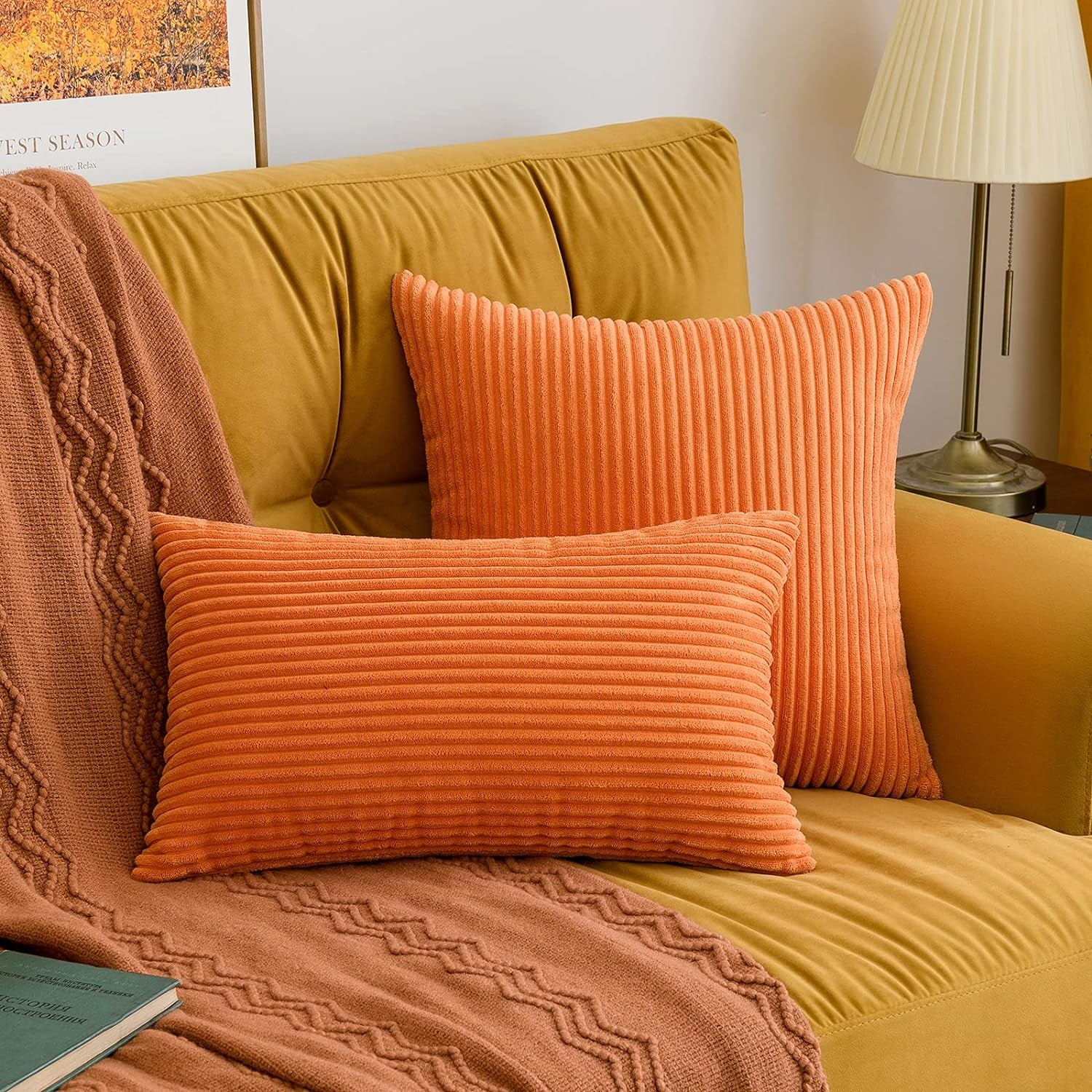 Pack of 2 Orange Pillow Covers 18X18 Inch Soft Boho Striped Corduroy Throw Pillow Covers Set Decorative Square Cushion Cases Pillowcases for Sofa Bedroom Couch