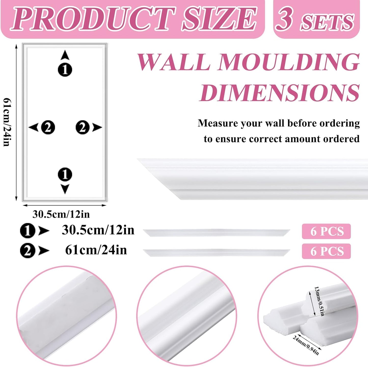 3 Set Pre-Cut Accent Wall Molding Kit (12 X 24 Inch)