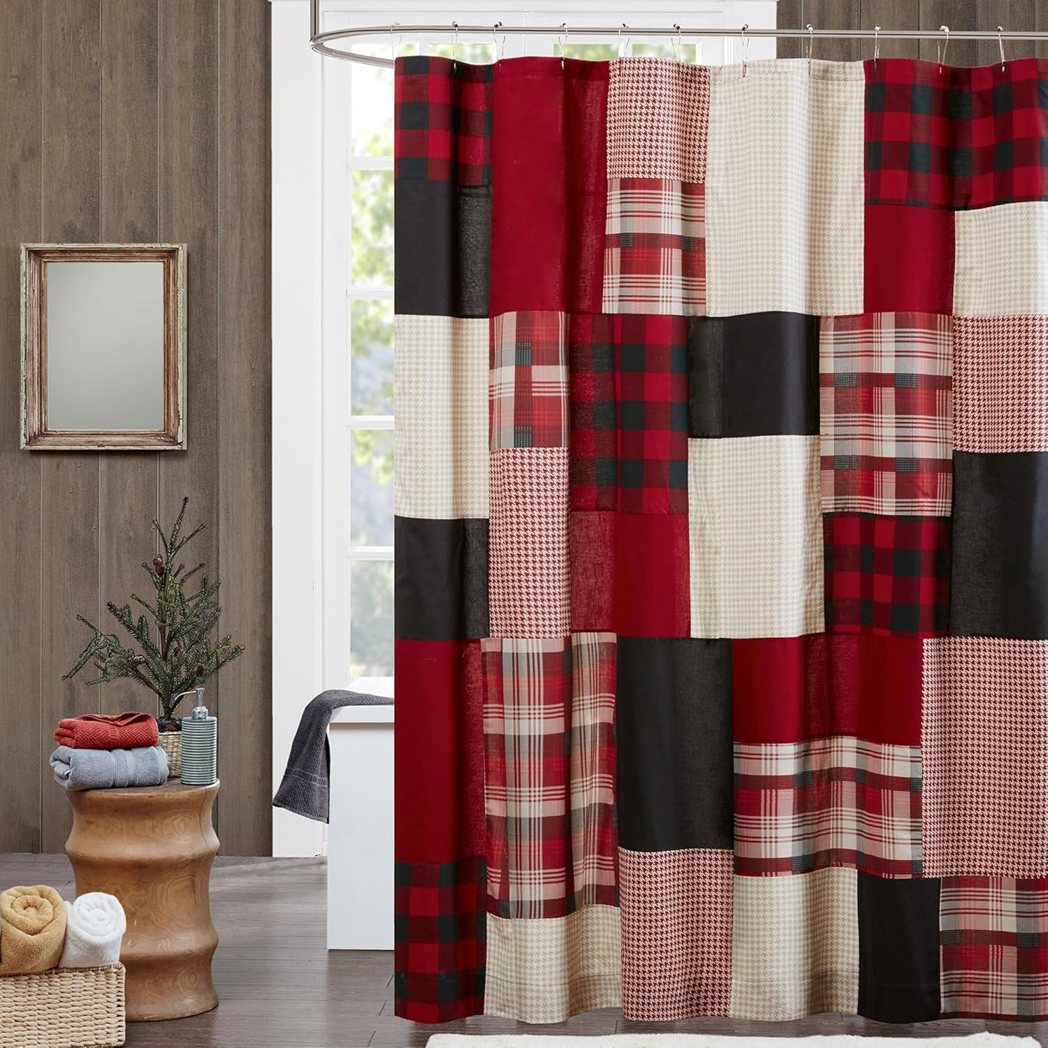 Sunset Cotton Shower Curtain, Plaid Lodge/Cabin Shower Curtains for Bathroom, 72 X 72, Red