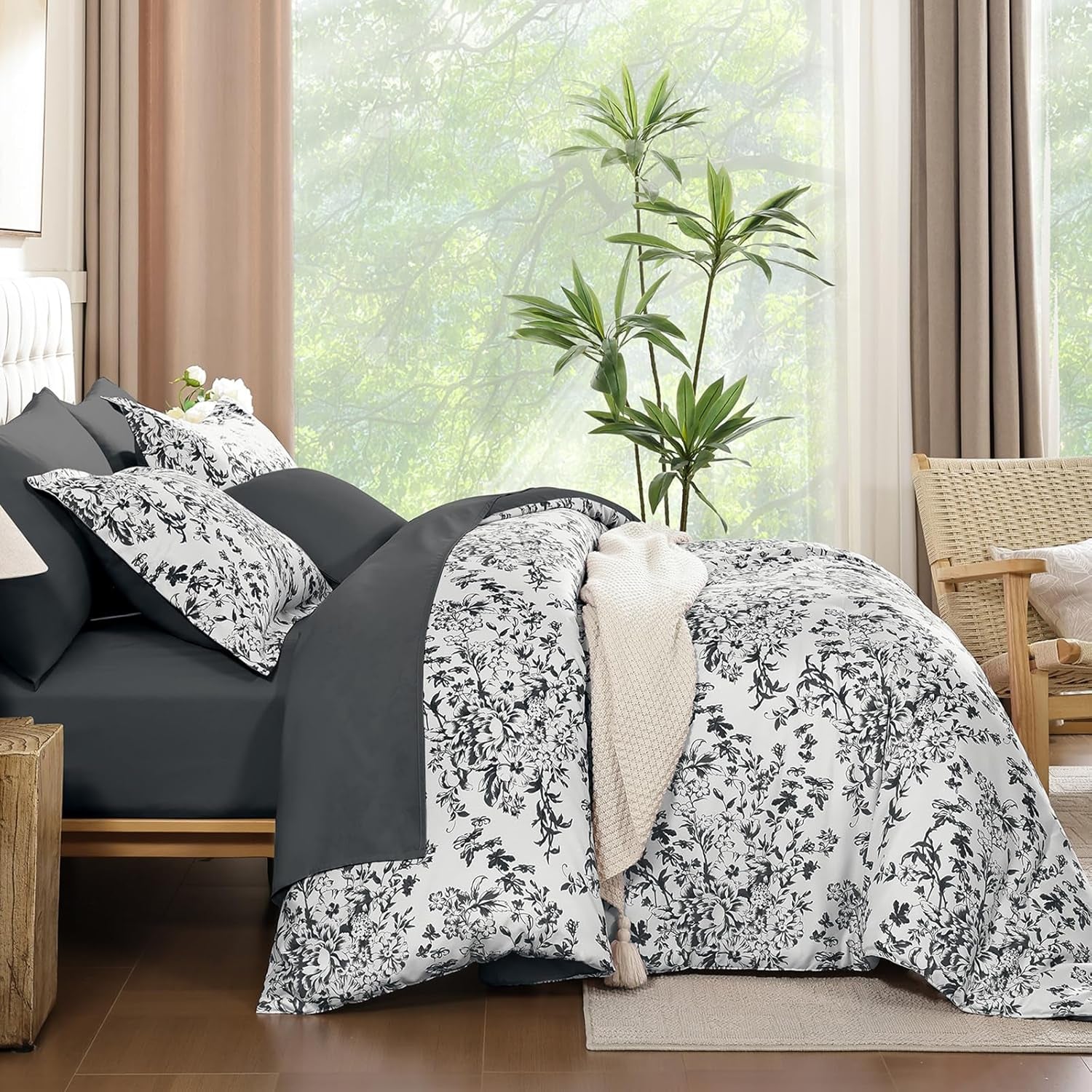 Comforter Set Queen, 8 Pieces Black Gray Floral Botanical Plants Print Comforter, for All Season (90"X90")