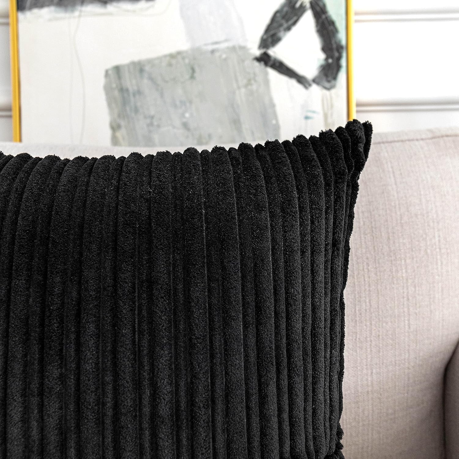 UGASA Velvet Lumbar Throw Pillow Cover, Both Sides Corduroy Striped Soft Solid, 12X20 Inch, Black