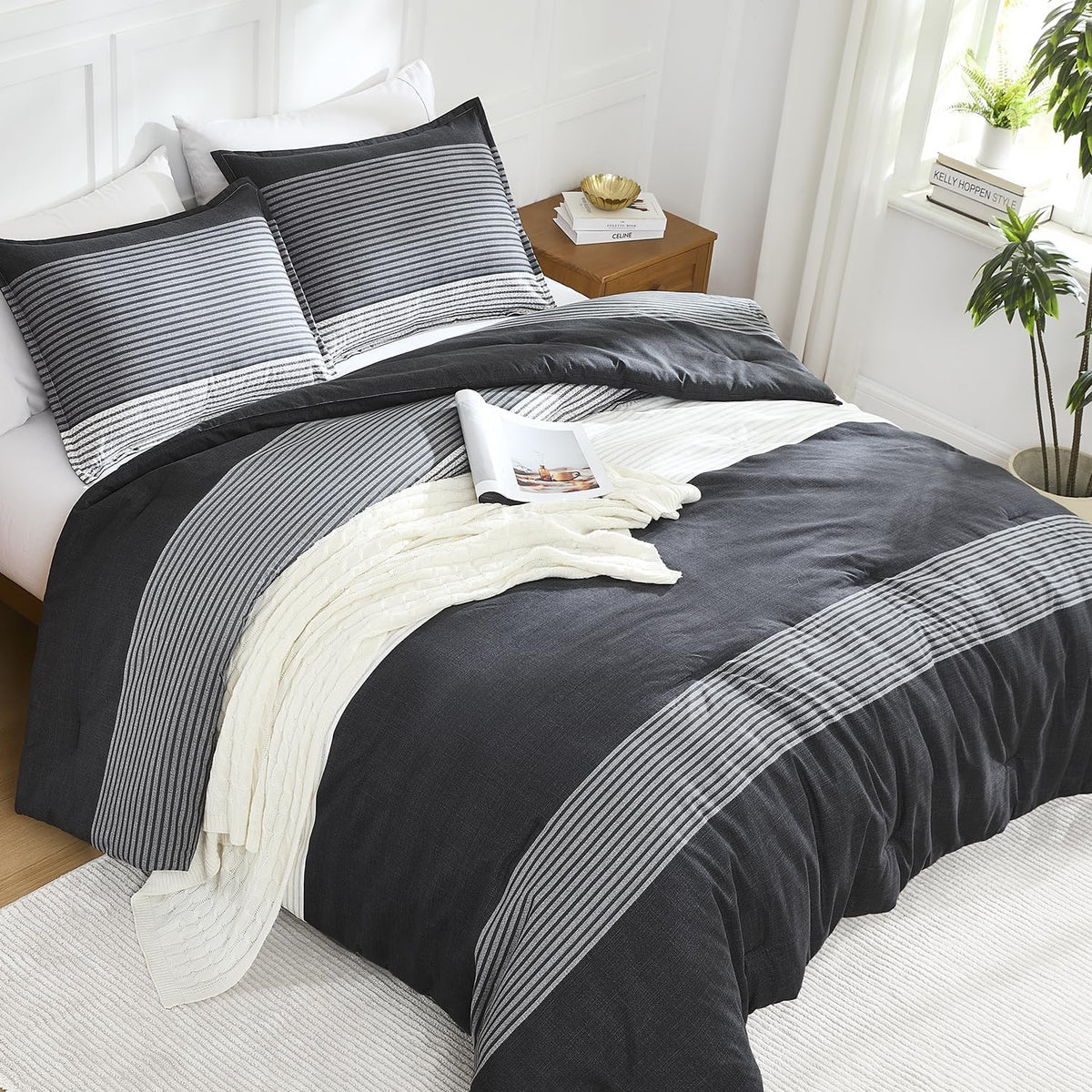 Queen Comforter Set Black - 3 Pieces Stripe Bedding Comforter Sets