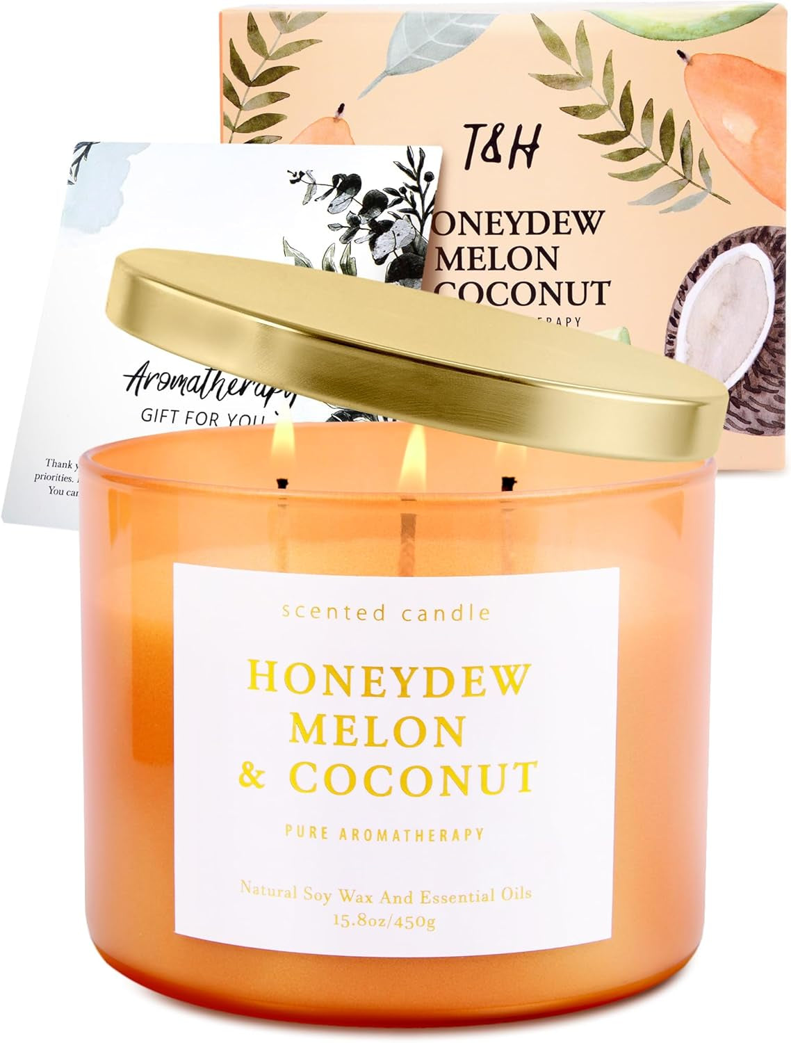 Honeydew Melon & Coconut Candle - Large 3 Wick Scented Soy Candle ,15.8 Oz