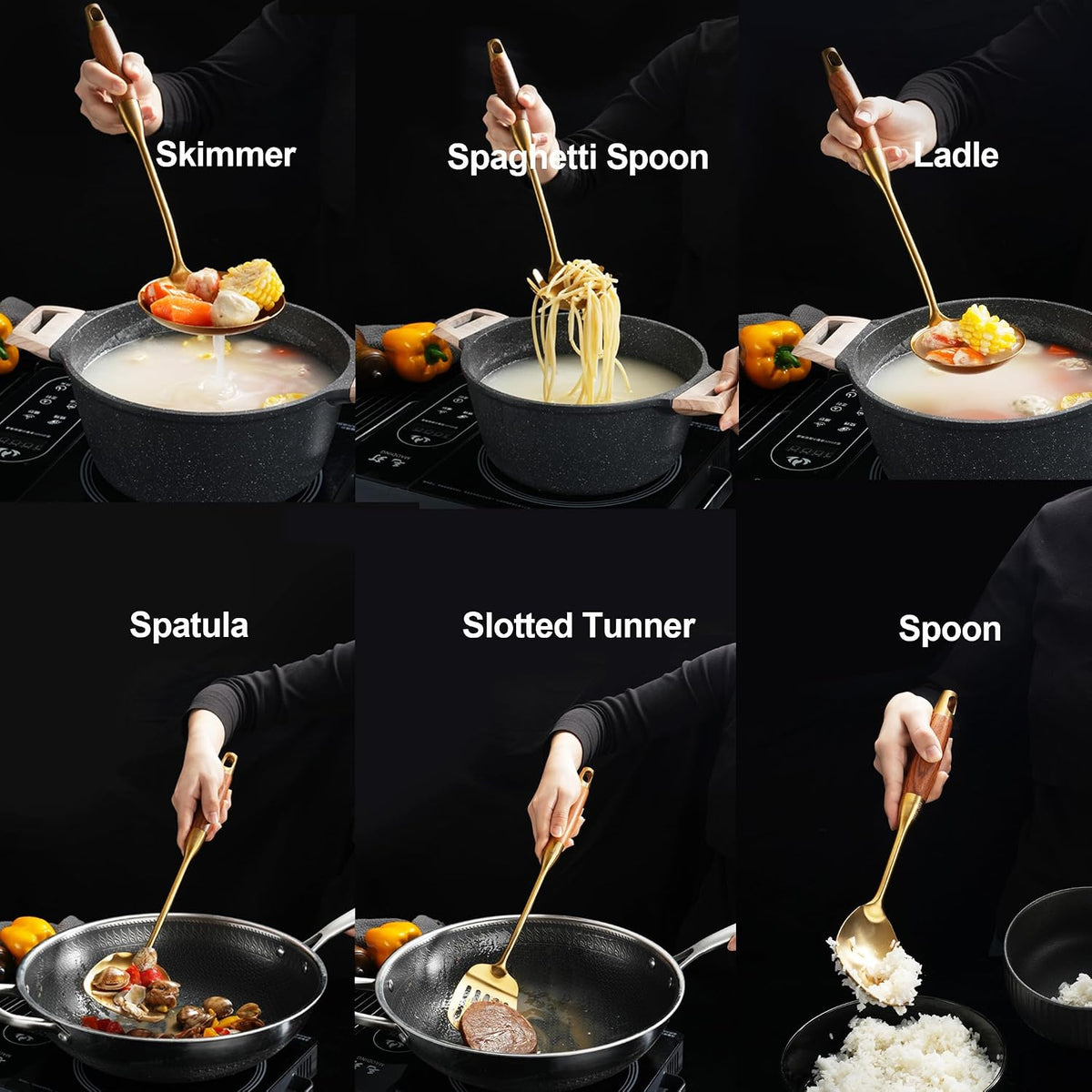 Gold Kitchen Utensils Stainless Steel with Wooden Handle 6 PCS
