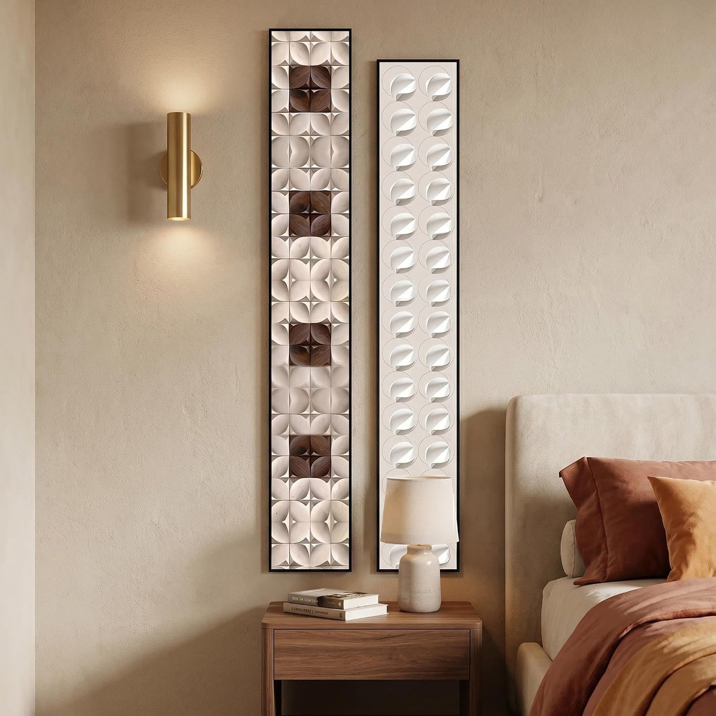 2Pcs Narrow Neutral Geometric Wood Art, Alu Frame Gloss Hallway 