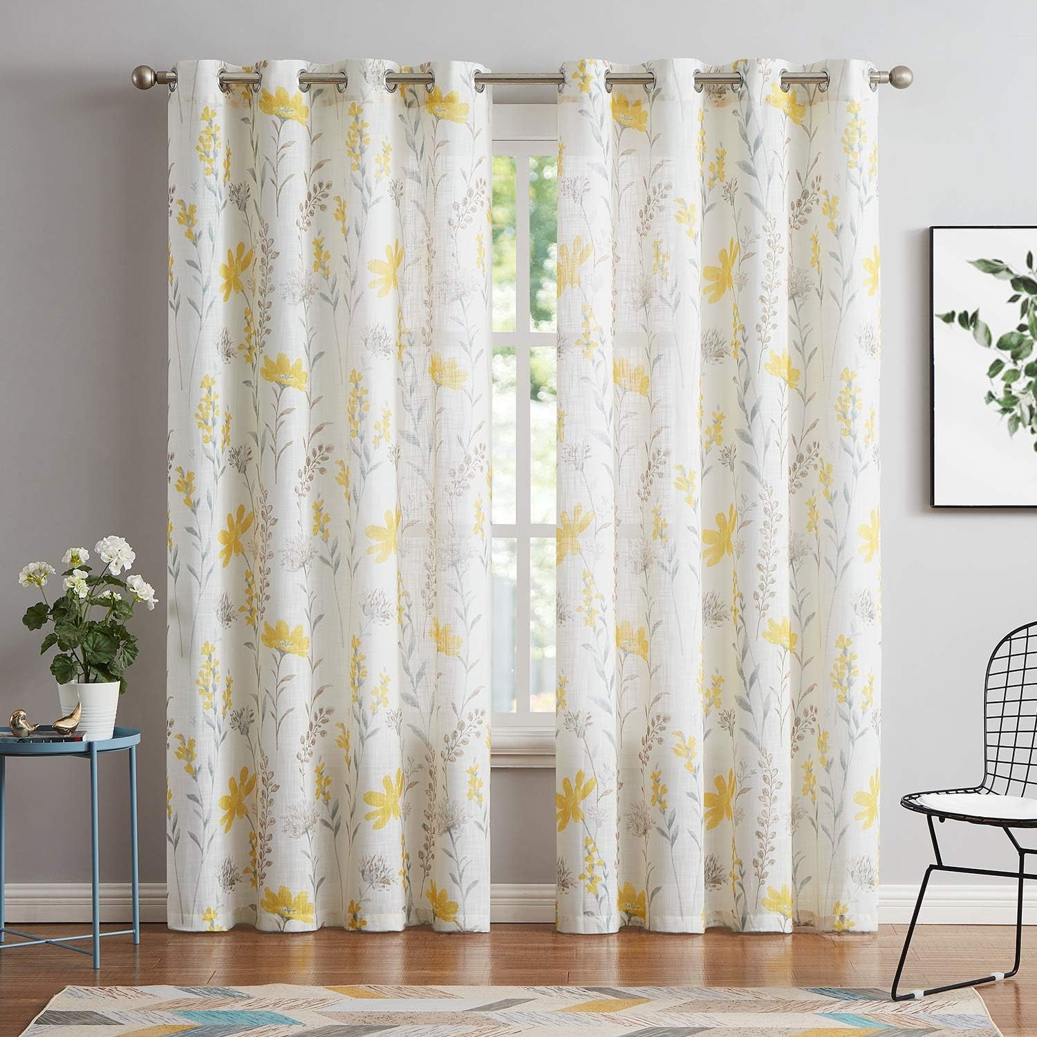 Printed Sheer Curtains Linen Textured for Living Room, Floral Leaf Design Farmhouse Style, 52 X 84 Inch, Yellow