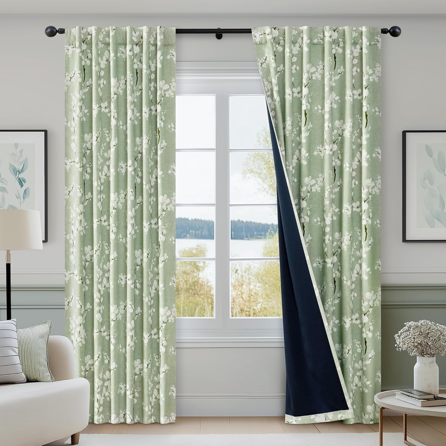 100% Blackout Floral Curtains for Bedroom, Sage Green Curtains 63 Inch Length Blossom Patterned for Living Room, Thermal Insulated Farmhouse Drapes, Rod Pocket 2 Panels (White on Green)