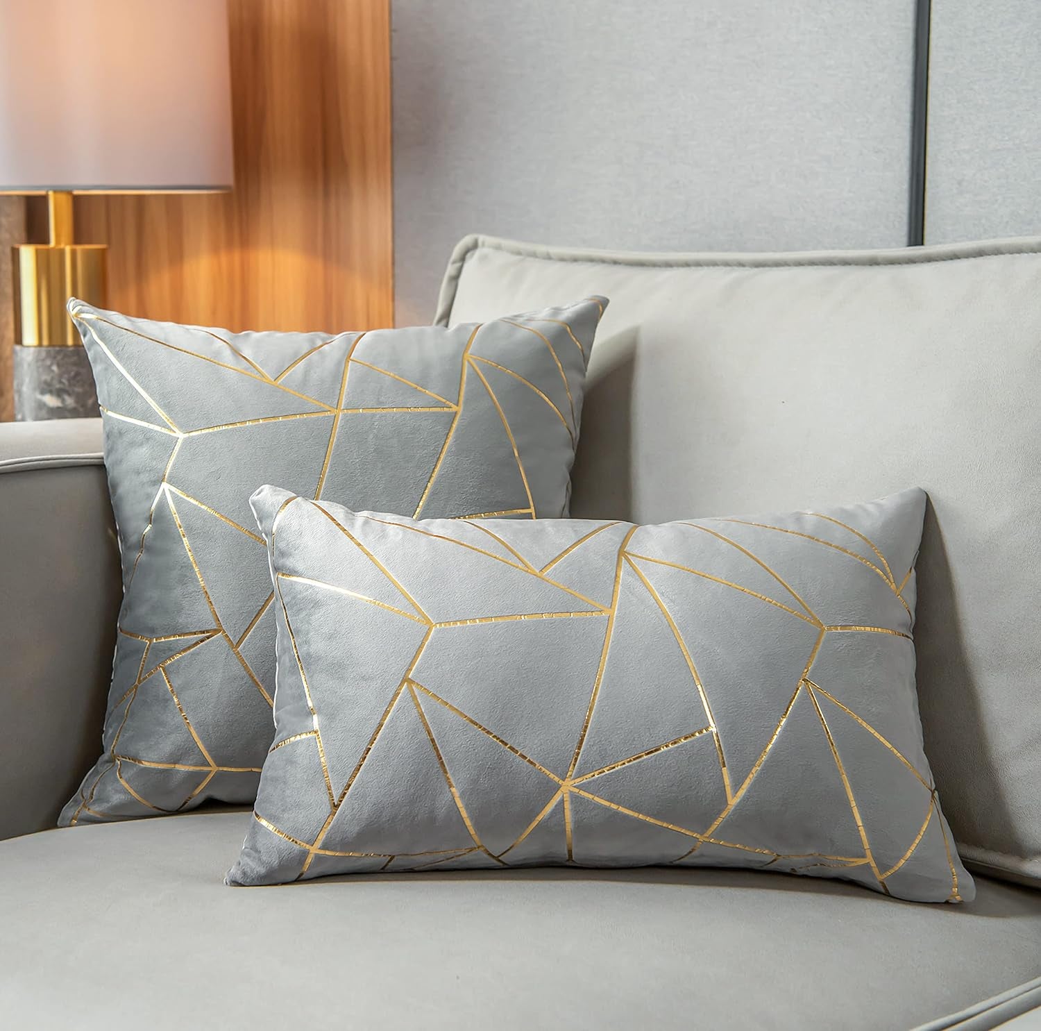 Pack of 2 Soft Velvet Lumbar Throw Pillow Covers Decorative Gold Foil Geometric Pattern Cute Cushion Case For, Couch Living Room Sofa Bedroom Car (Grey and Gold, 12“X20”)