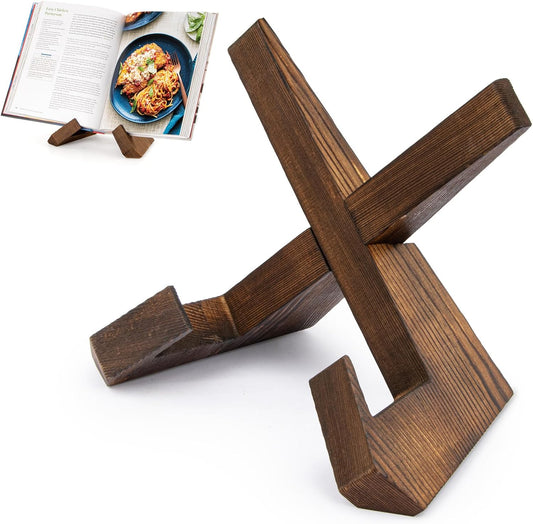Wooden Cookbook Stand for Kitchen, Recipe Book Holder for Kitchen Counter - Rustic Brown - 1 Set