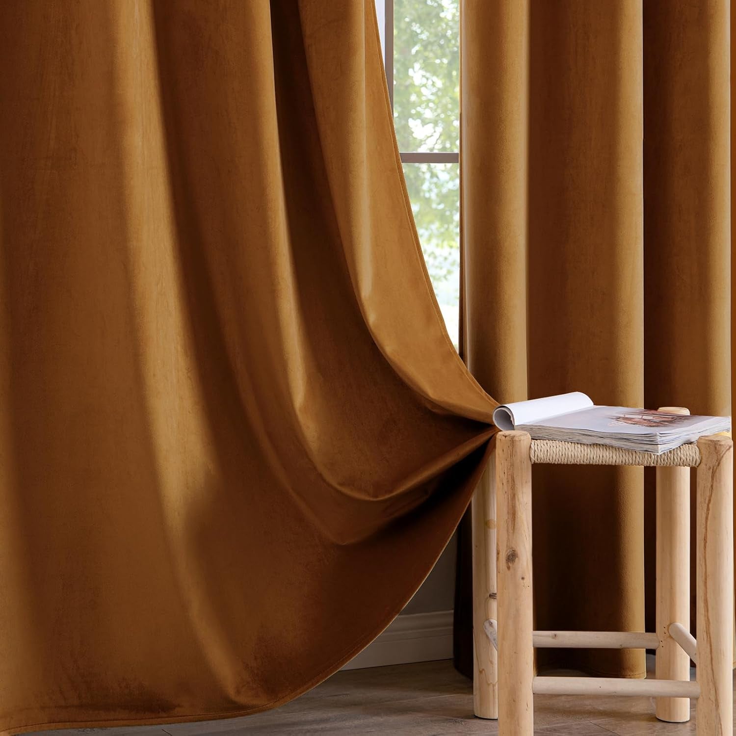 Fall Decor Velvet Curtains, Grommet Thermal Insulated, W52 X L84, 2 Panels, Gold Brown