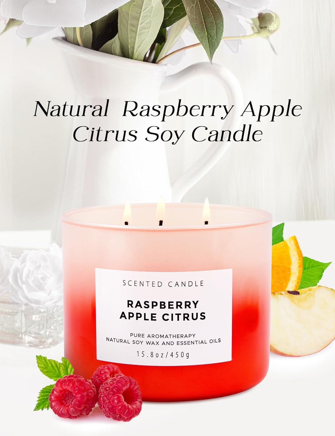 Raspberry Apple Citrus Candle | 3 Wick Soy Candle | Spring Scented Candle 15.8 Oz