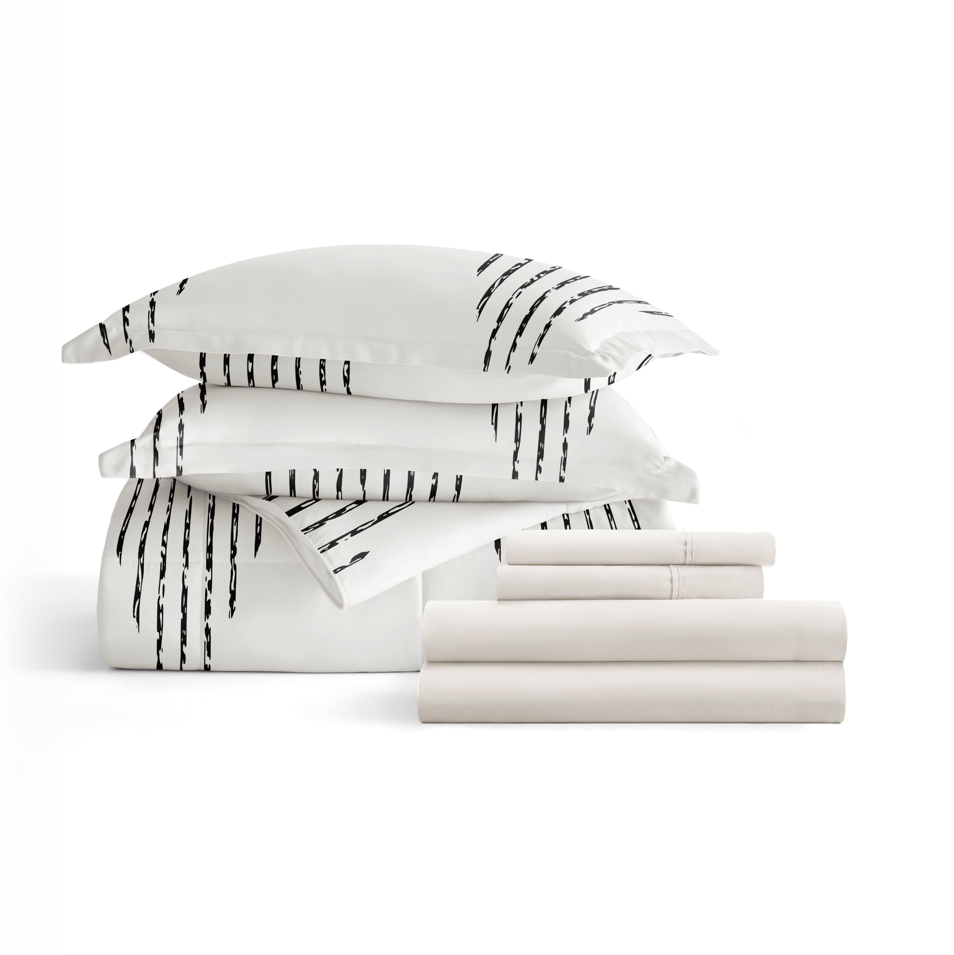 Full Bedding Bundle, Patterned Microfiber Comforter and Solid Sheet Set in Diamond Stripe Gray
