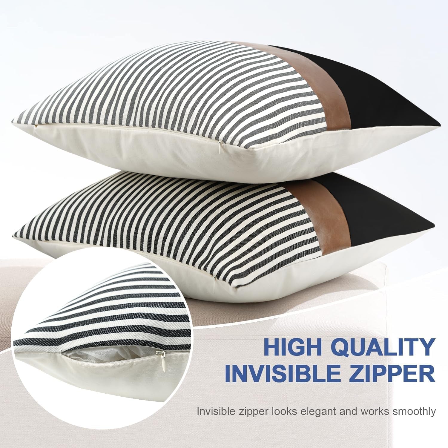 20X20 Pillow Covers Set of 2 Farmhouse Decor Stripe Patchwork Linen Modern Faux Leather, Gray