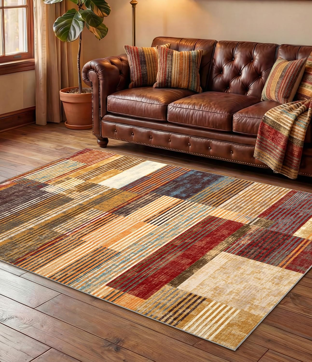 Farmhouse Rugs, Brown Area Rug 3X5, Vintage Burgundy for Bedroom, Burnt Orange Non-Slip, Washable