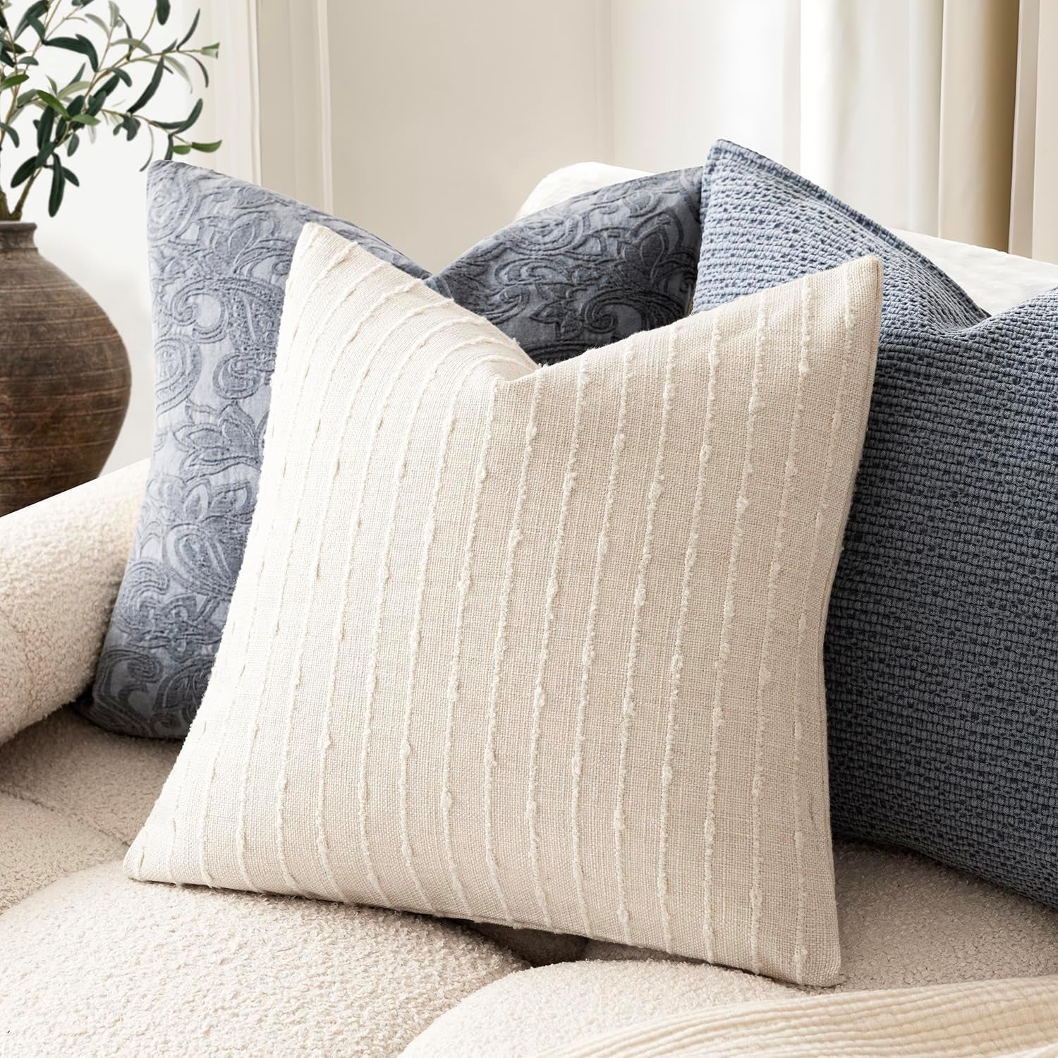 Decorative Striped Boucle Throw Pillow Covers 20X20 Cream White