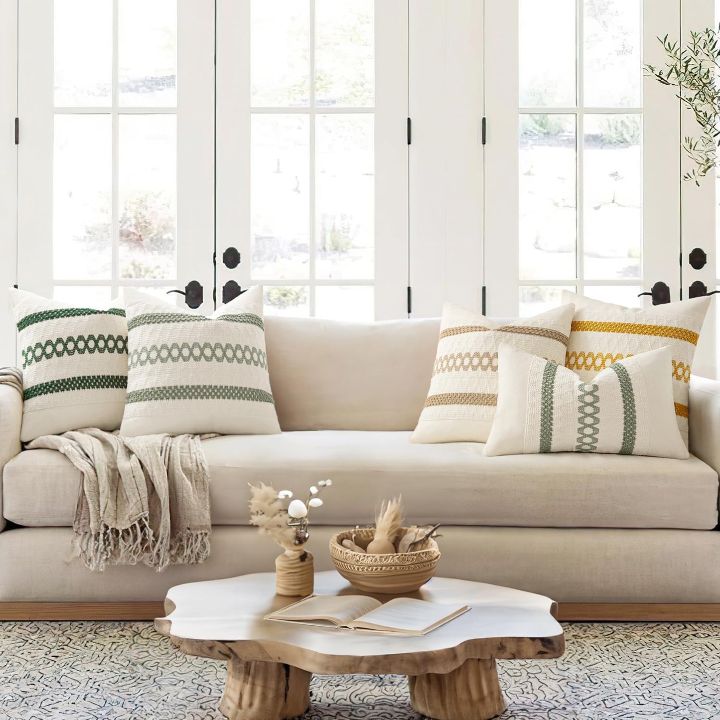 Set of 2 Sage Green Boho Decorative Lumbar Pillow Covers 12X20 Inch Farmhouse 