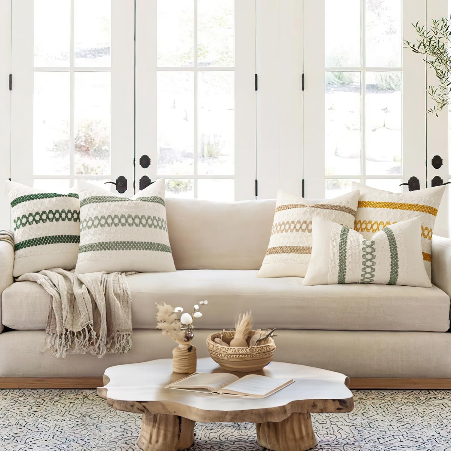 Set of 2 Sage Green Boho Decorative Lumbar Pillow Covers 12X20 Inch Farmhouse 