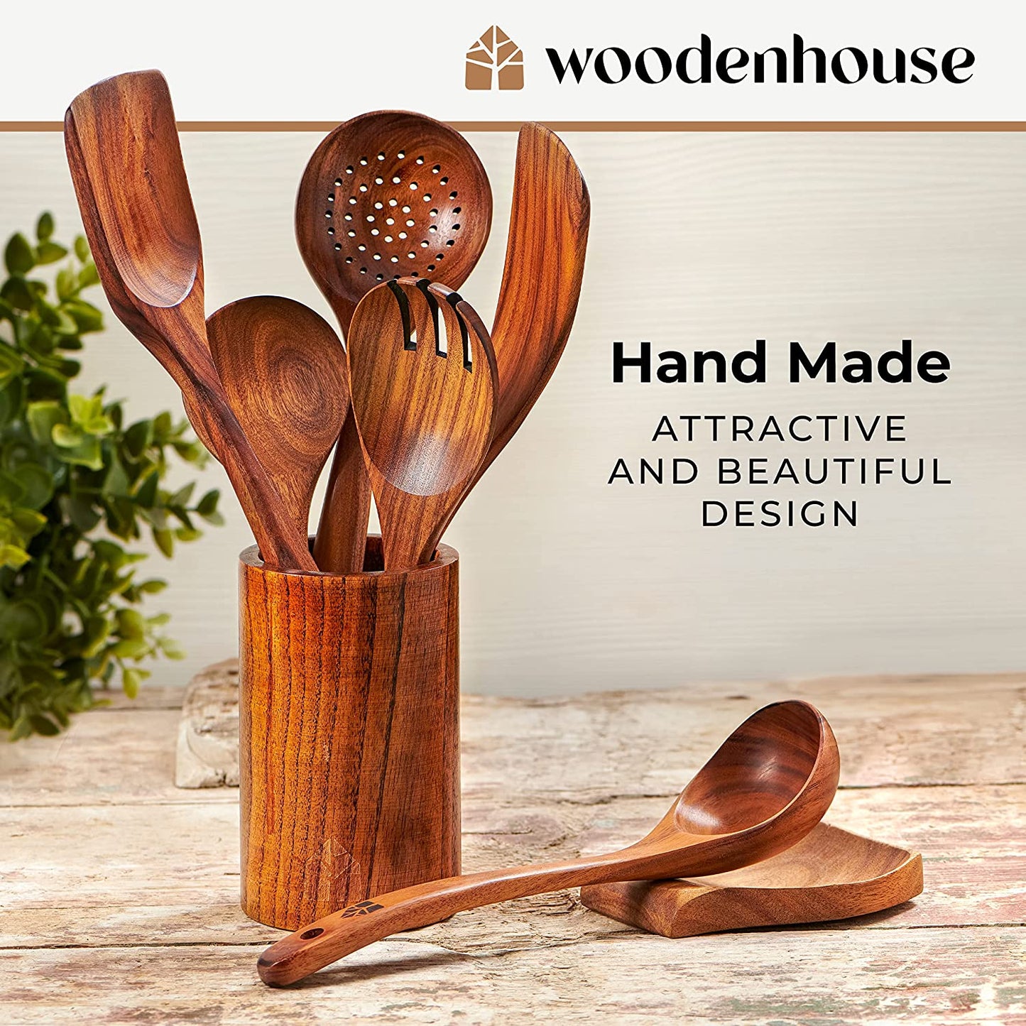 Teak Wooden Utensil Set with Spoon Rest & Hooks, Non-Stick Friendly 8 Pcs