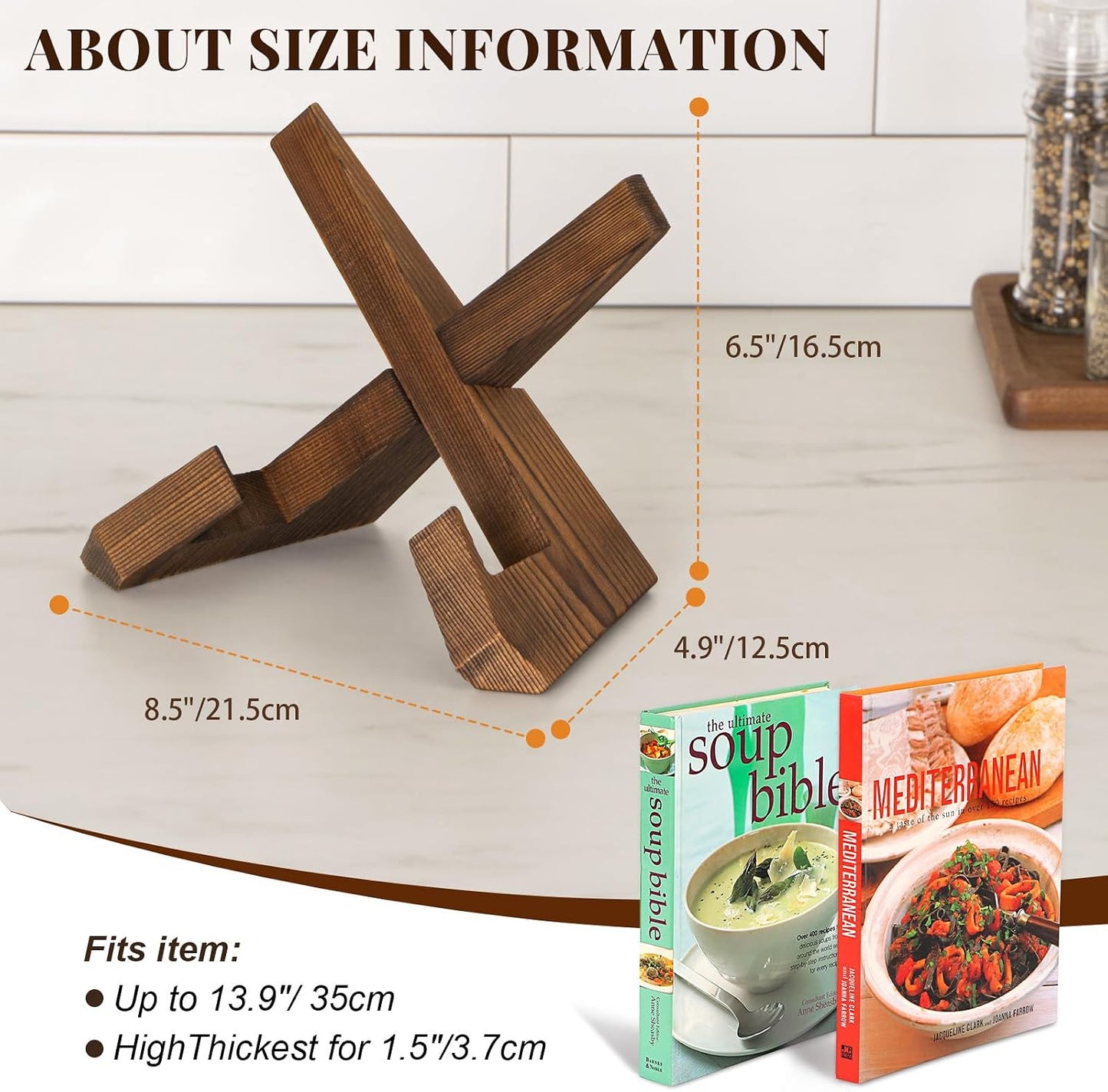 Wooden Cookbook Stand for Kitchen, Recipe Book Holder for Kitchen Counter - Rustic Brown - 1 Set
