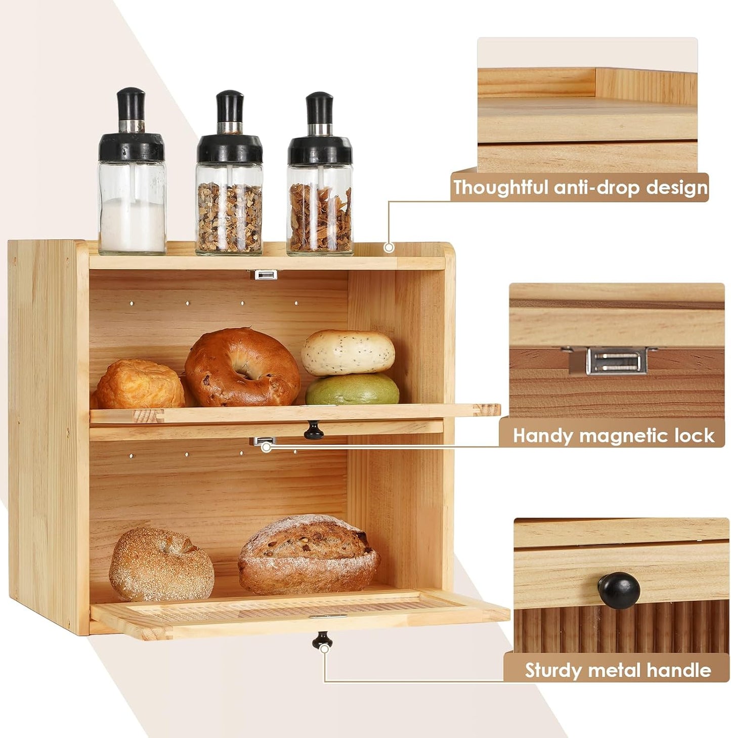 Large 2 Layer Bread Box for Kitchen Countertop, Wooden Bread Storage Container Bin (Wood Color）