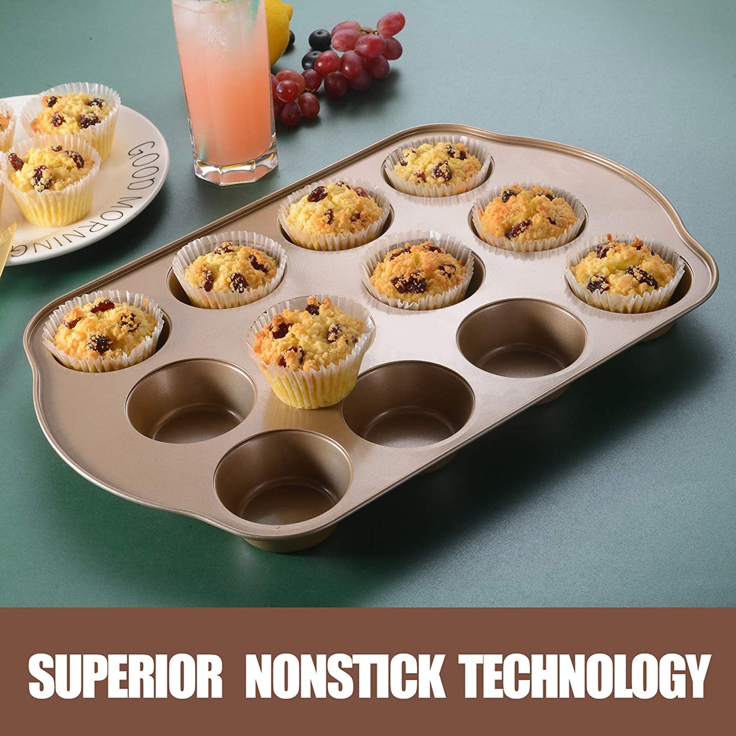 Nonstick Muffin Pan, Mini Cupcake Pan Set, Muffin Tins for Baking, 2 Pack, 12-Cup and 24-Cup, Gold